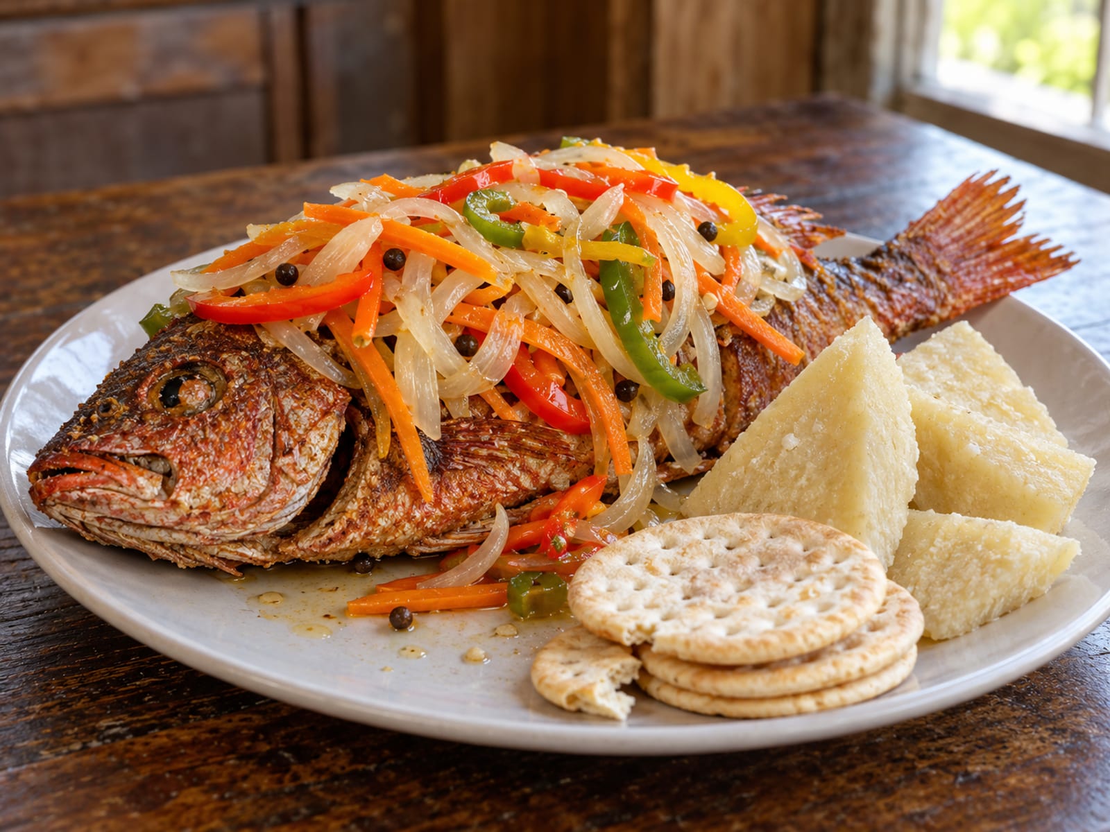 Whole snapper cooked escovitch-style with bammy on a plain plate