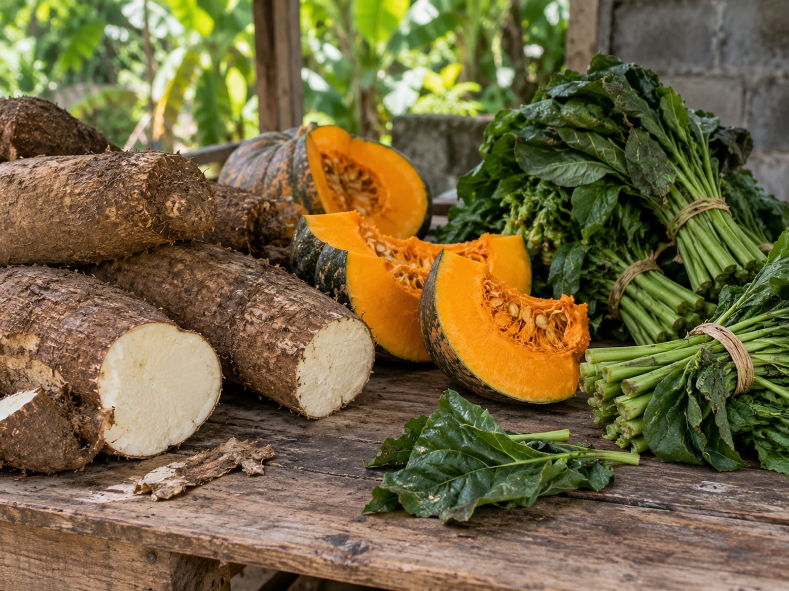 Pumpkin, yam and callaloo bundles laid out on a wooden market table in daylight
