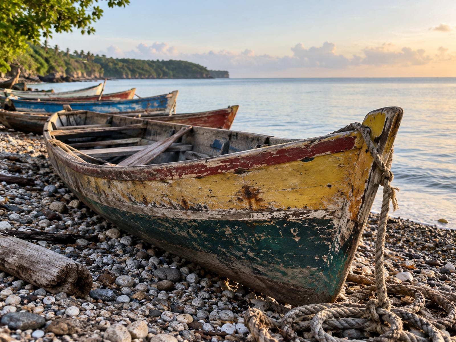 Brightly painted wooden fishing canoes pulled up on a pebbly shore beside calm water