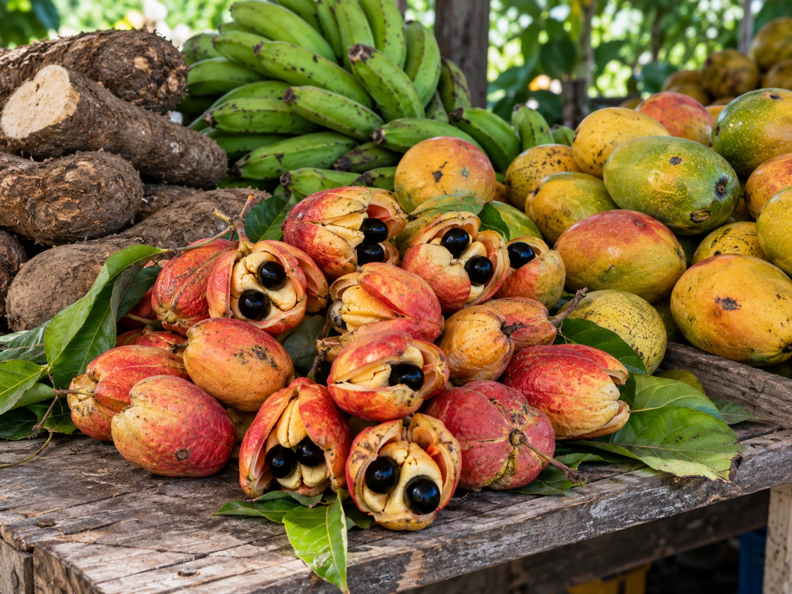 Ackee pods, mangoes, bananas and yam piled on a rustic wooden market table