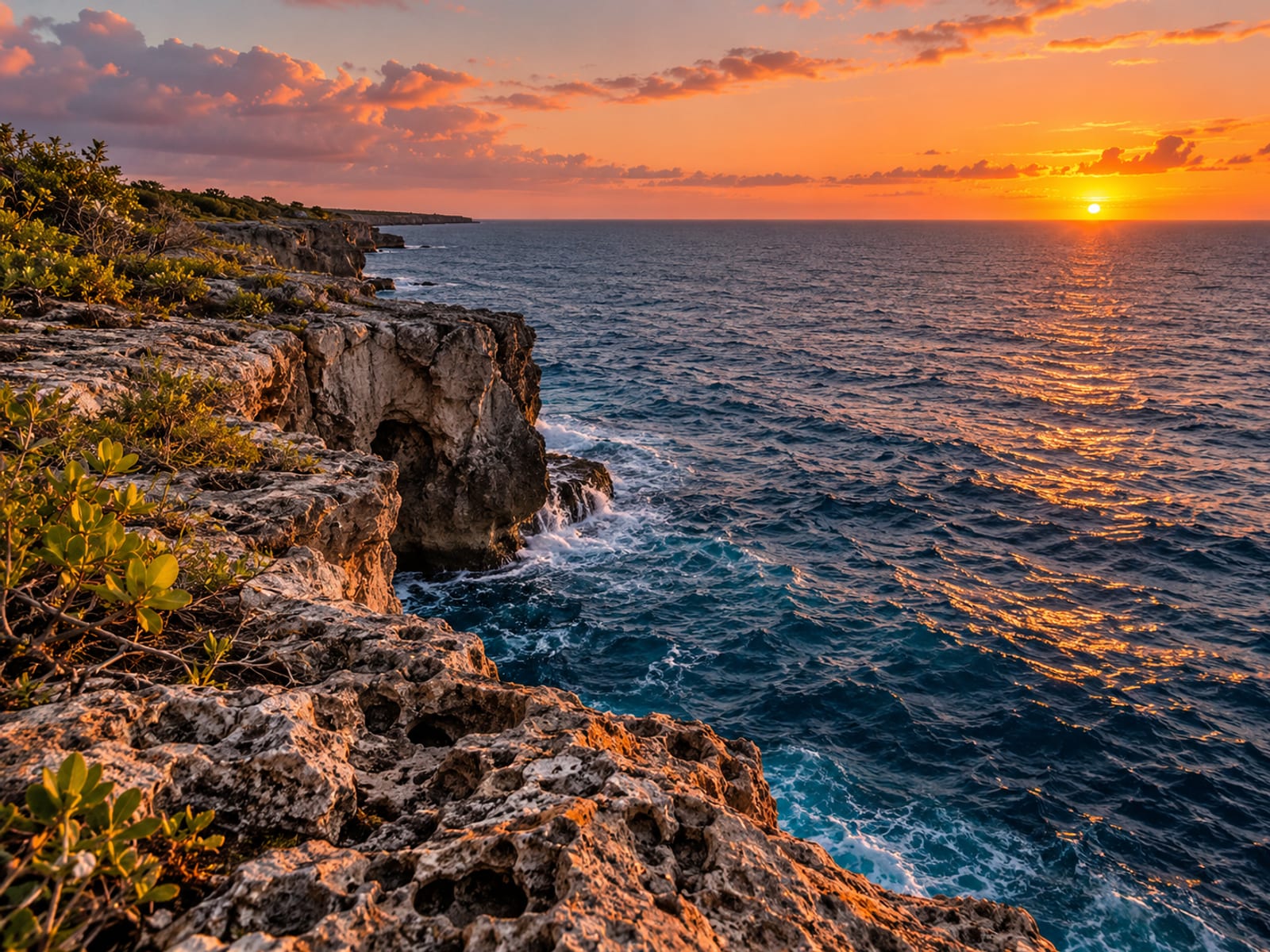 Limestone cliff edge above deep blue sea with the sun low on the horizon