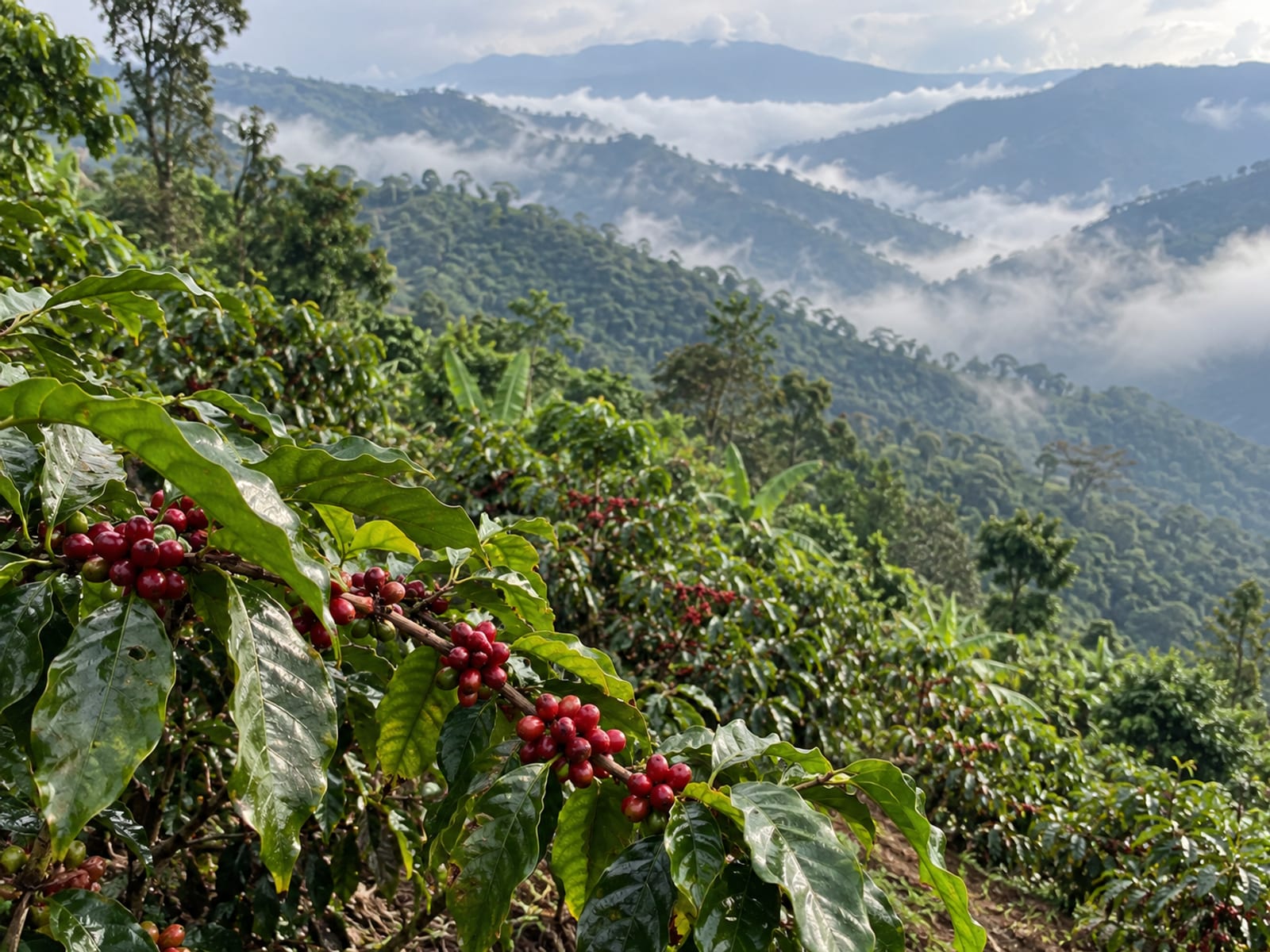 Misty green Blue Mountain slopes with coffee bushes in the foreground at morning