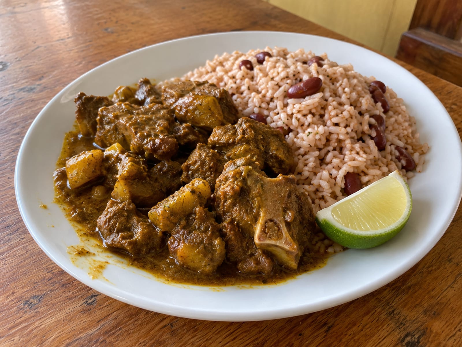 Curry goat with rice and peas on a plain white plate with a lime wedge