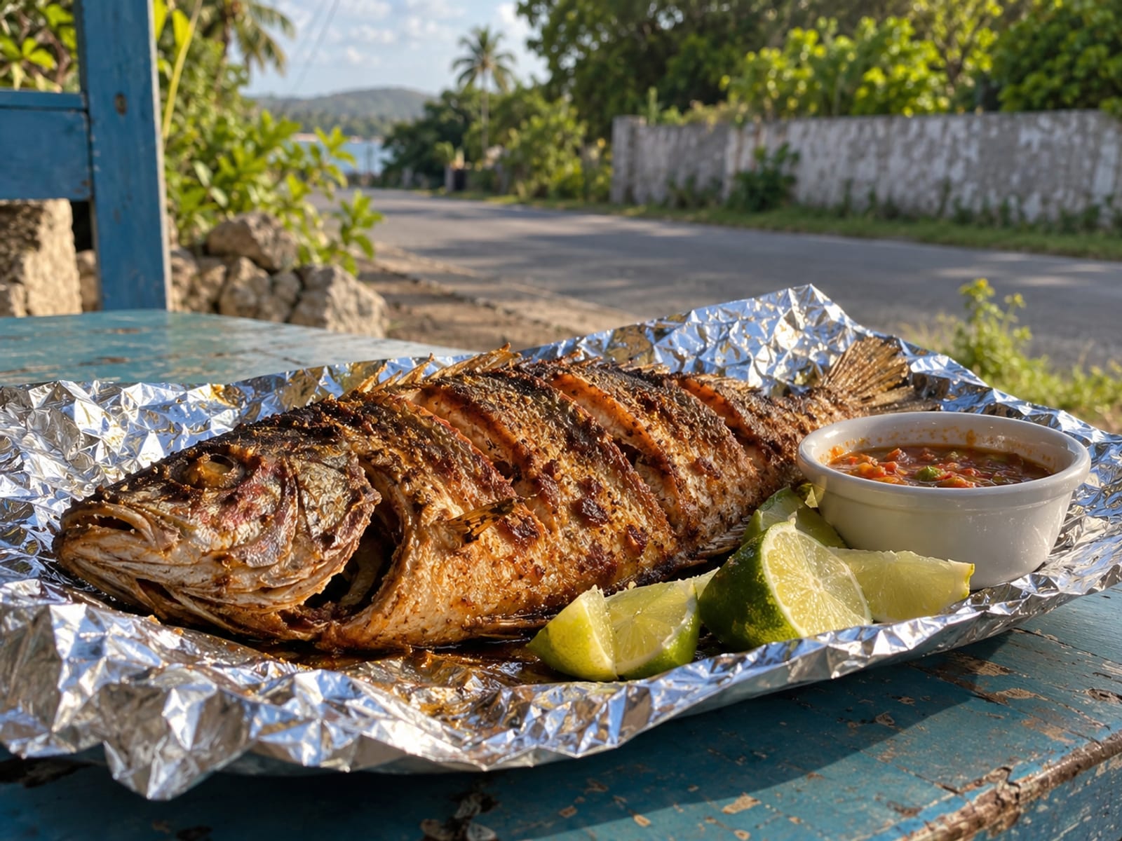 Fried whole fish with lime and pepper sauce on foil at a roadside table