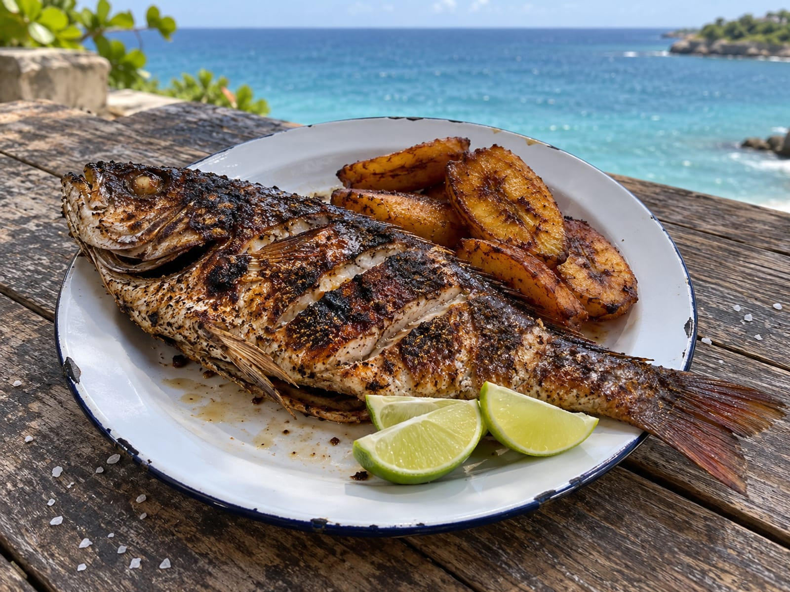 Whole grilled fish with lime wedges and fried plantain on a plain plate