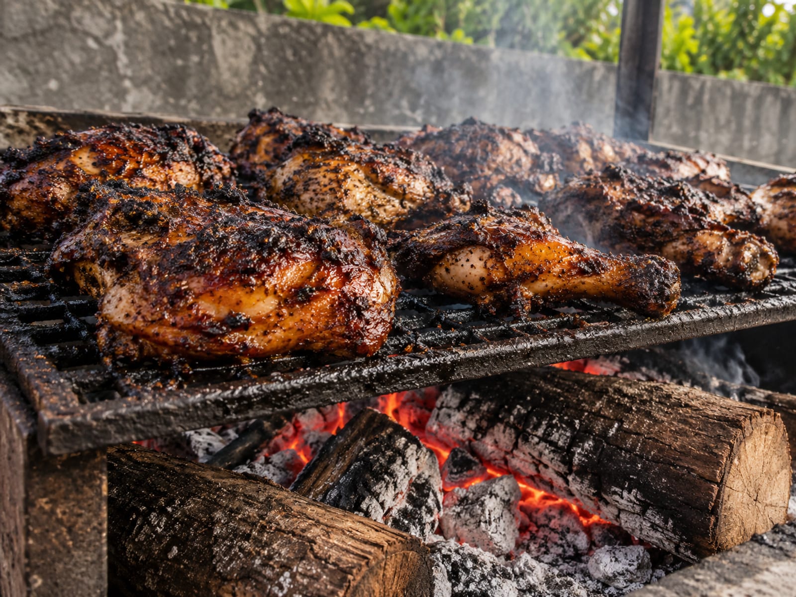 Jerk chicken pieces cooking over smoking pimento wood on a charcoal grill