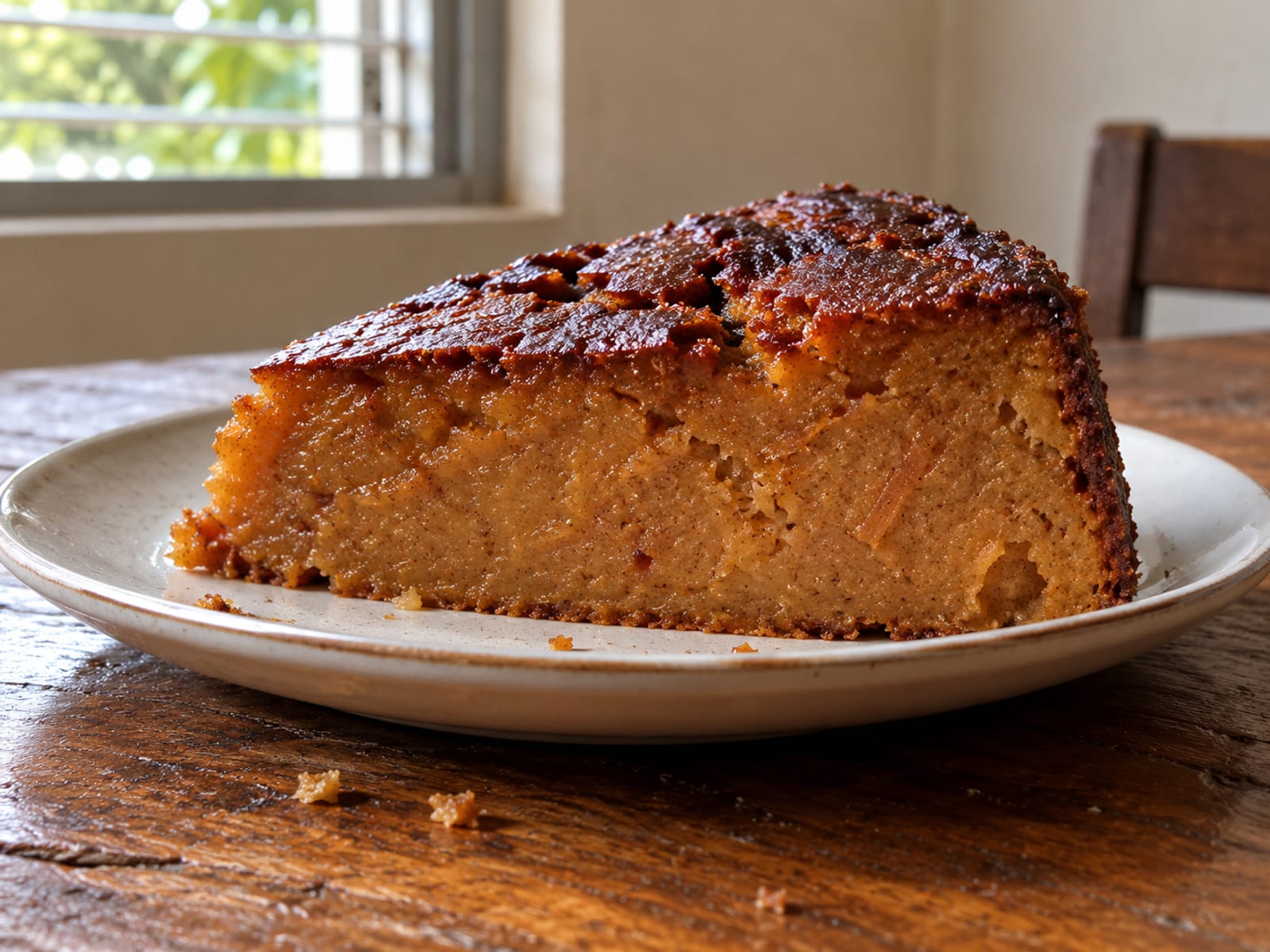 A dense slice of sweet potato pudding on a plain plate