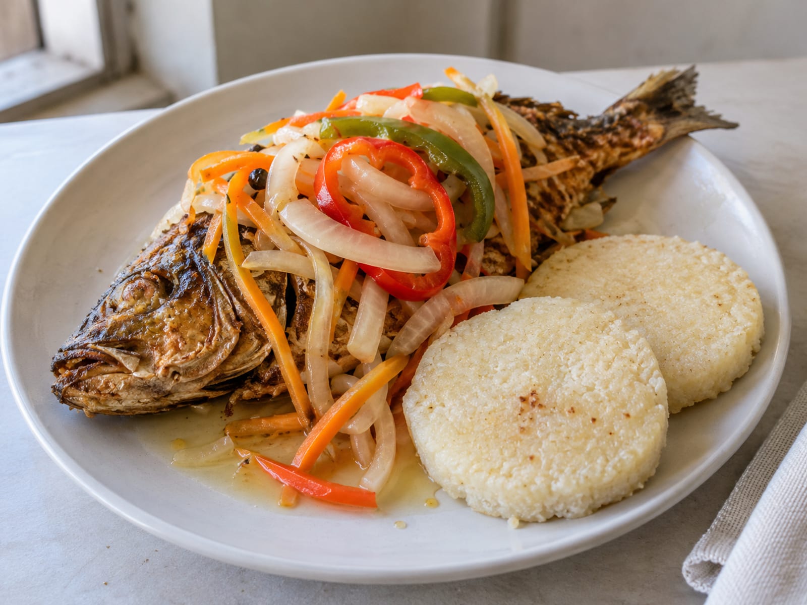 Whole fried fish with bammy on a plate, with sliced onion and pepper on top