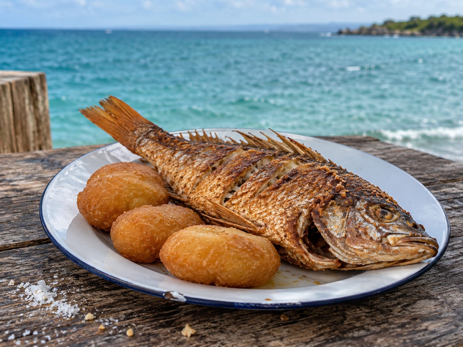 Fried fish and golden festival dumplings on a plain plate on a wooden table by the sea