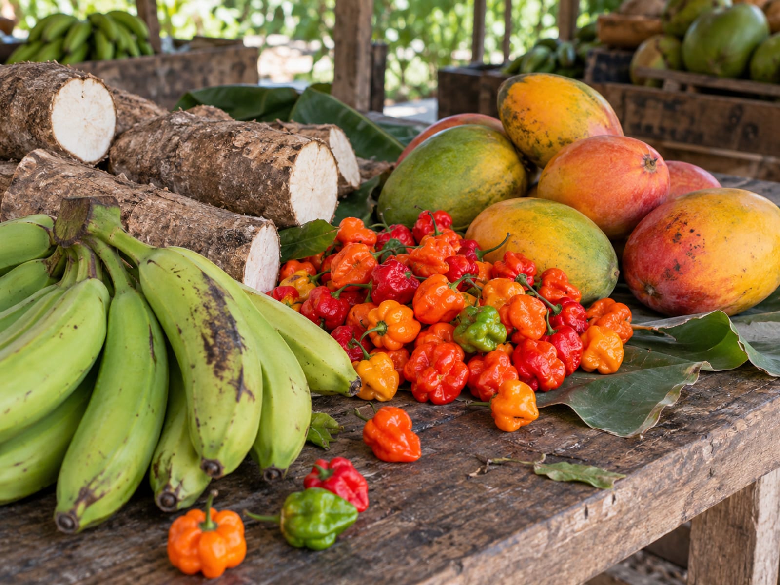 Fresh fruit and vegetables piled on a wooden market table in bright daylight