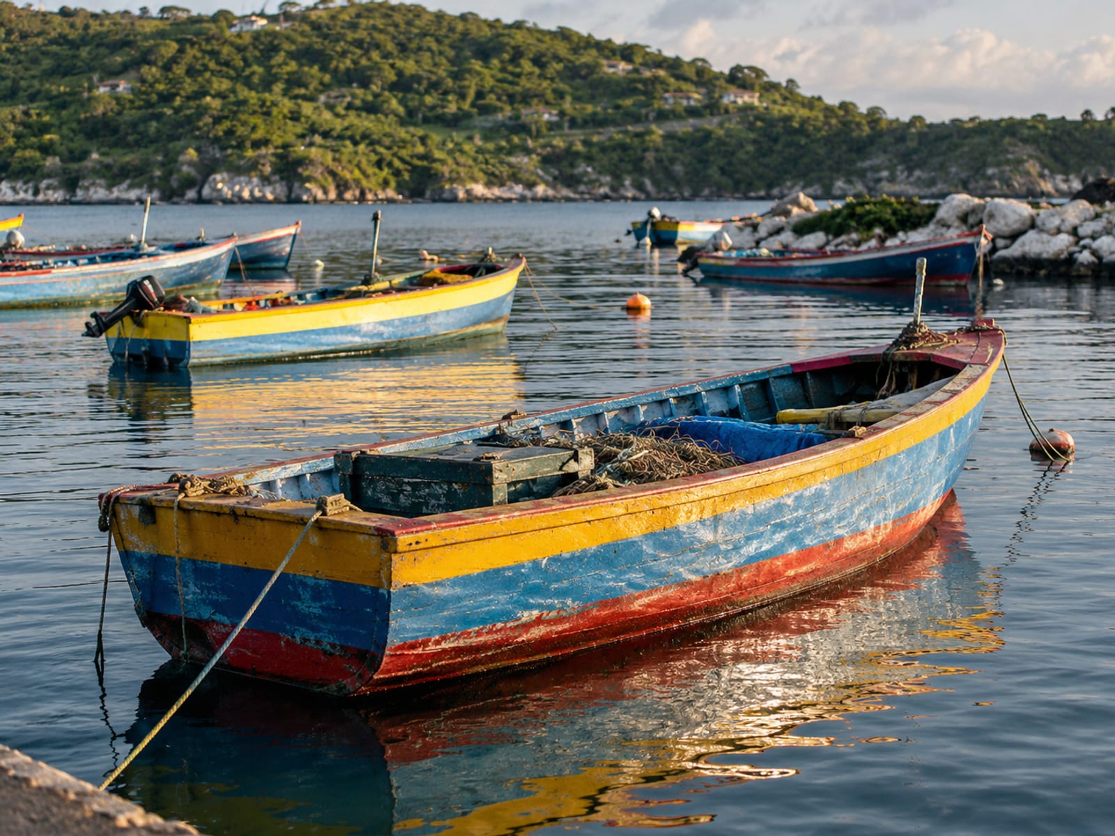 Painted wooden fishing boats moored in a calm harbour at the edge of town