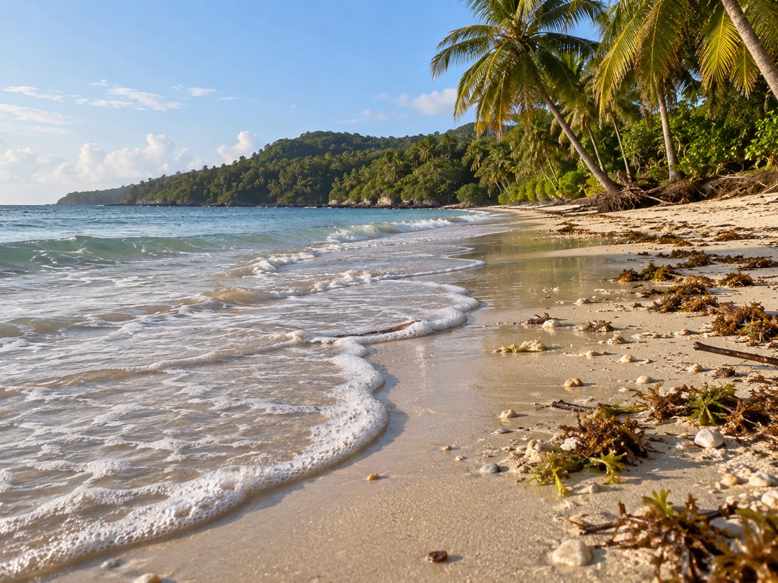 Empty sandy beach with palm trees and gentle waves under a clear sky