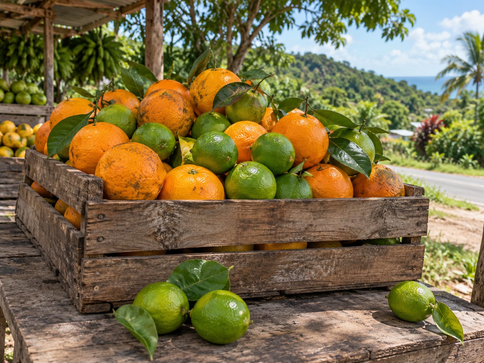 Ripe oranges and limes piled together in a wooden crate