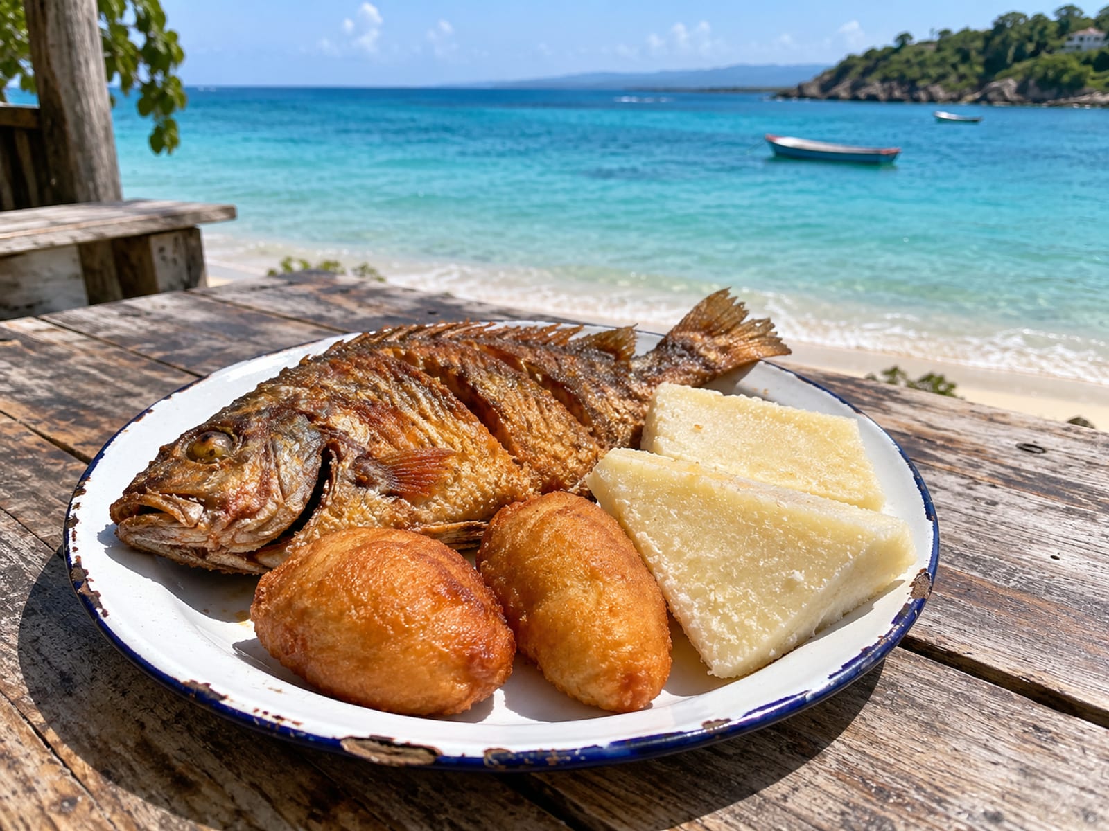 Fried fish served with bammy and festival on a plain plate by the sea