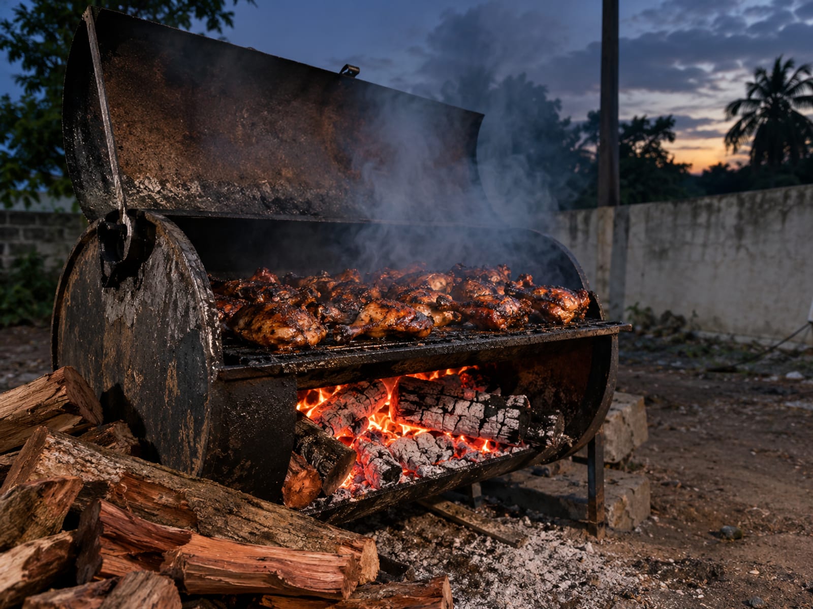 A steel jerk drum with smoke rising over glowing pimento wood coals