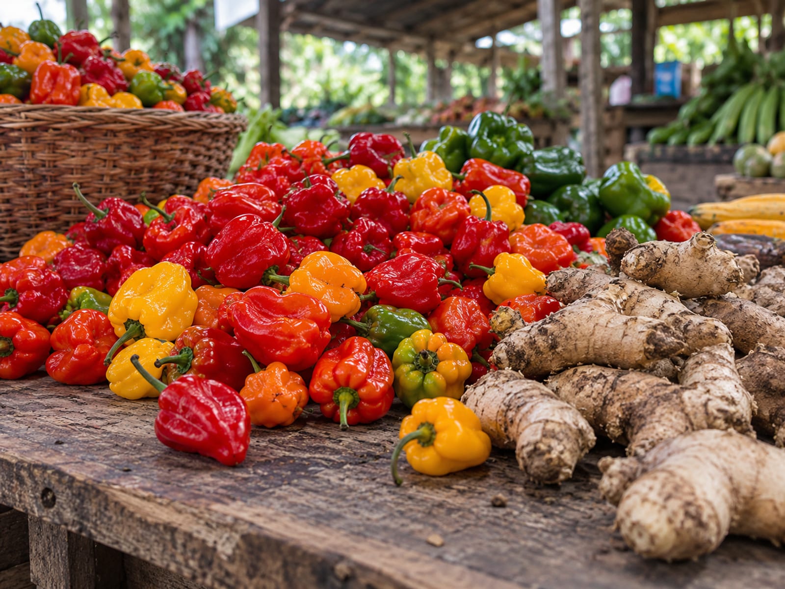Peppers, ginger and Scotch bonnets heaped on a wooden market table in daylight