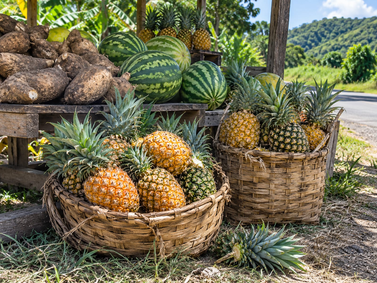 Baskets of fresh pineapples, watermelons and yams at a farm stand