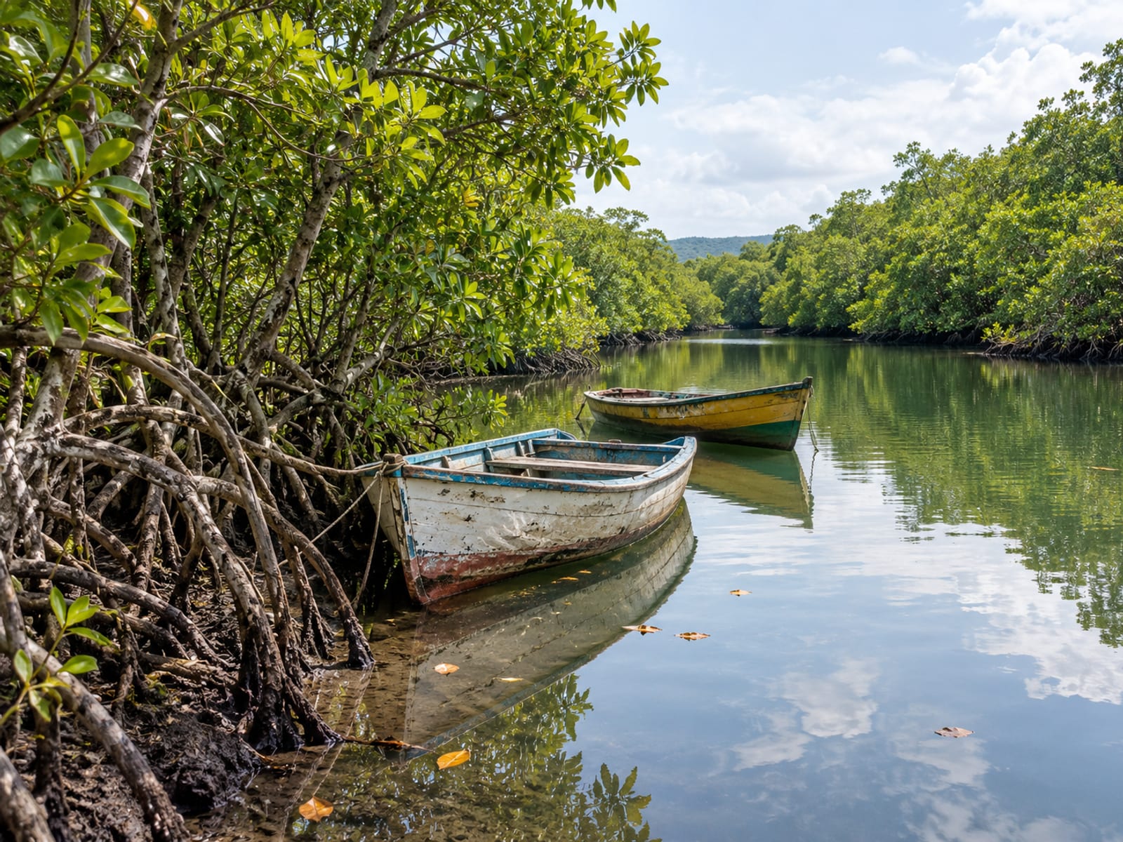 A calm tropical river with wooden boats moored beside green mangroves