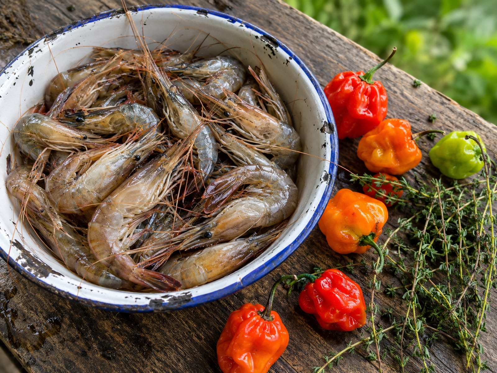 Fresh river shrimp in a shallow bowl beside a handful of red peppers