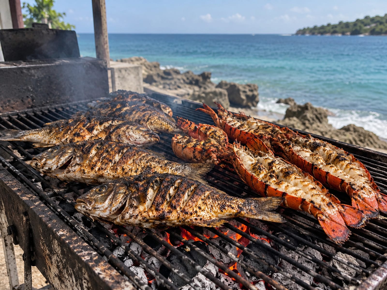 Whole grilled fish and lobster tails cooking over charcoal on a seaside grill