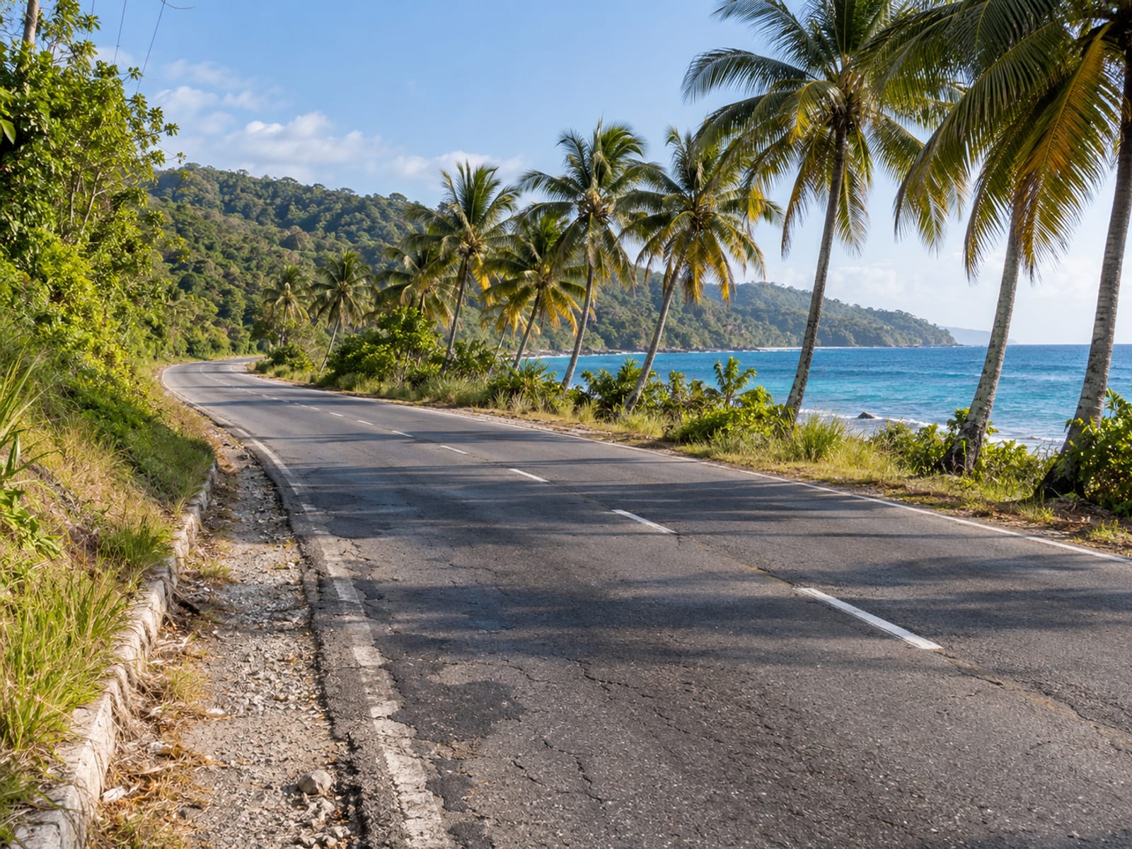 A coastal road curving past palm trees and the sea on Jamaica's north coast