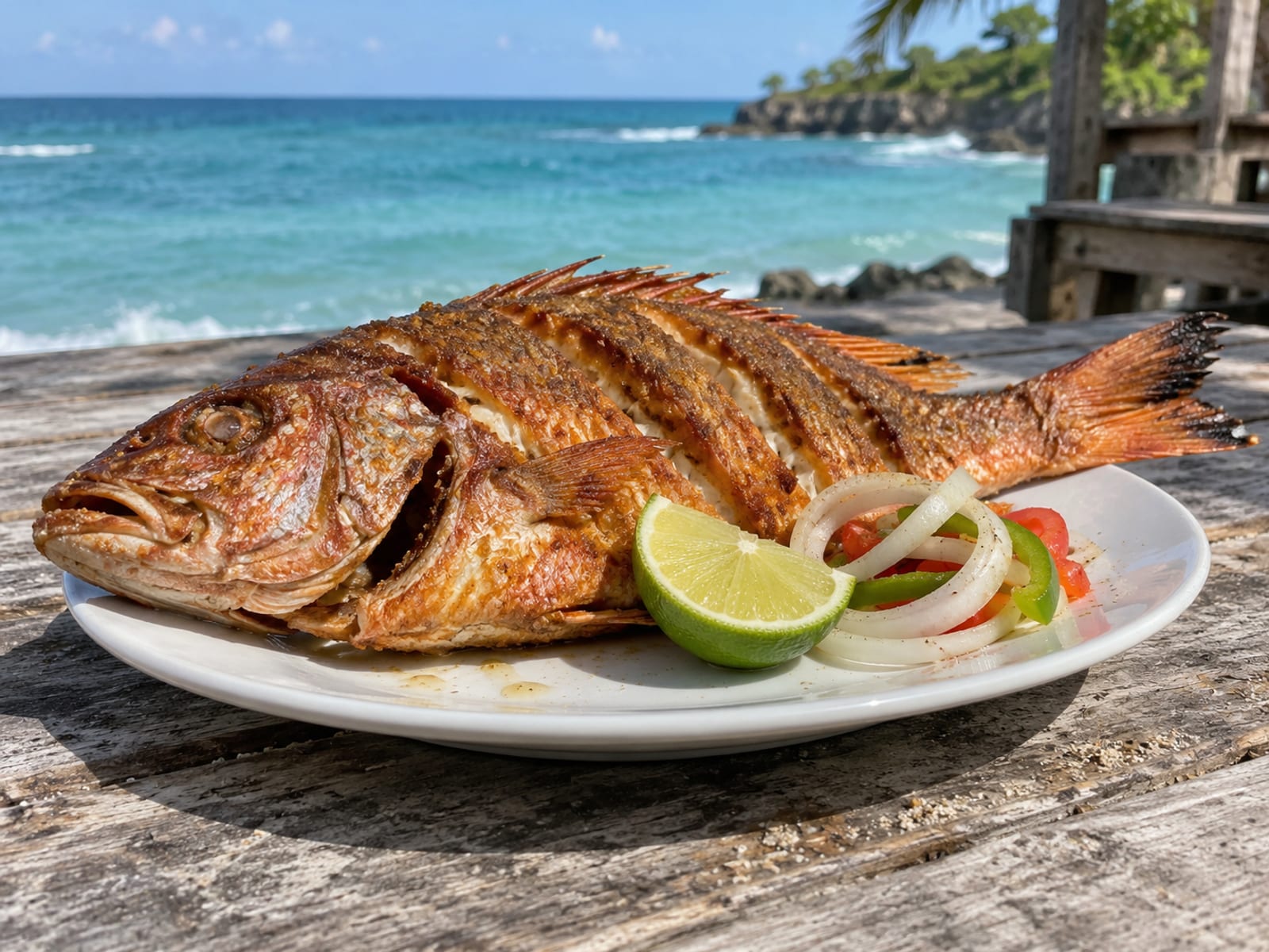 A whole fried fish on a plate beside a lime wedge on a sunlit beach table