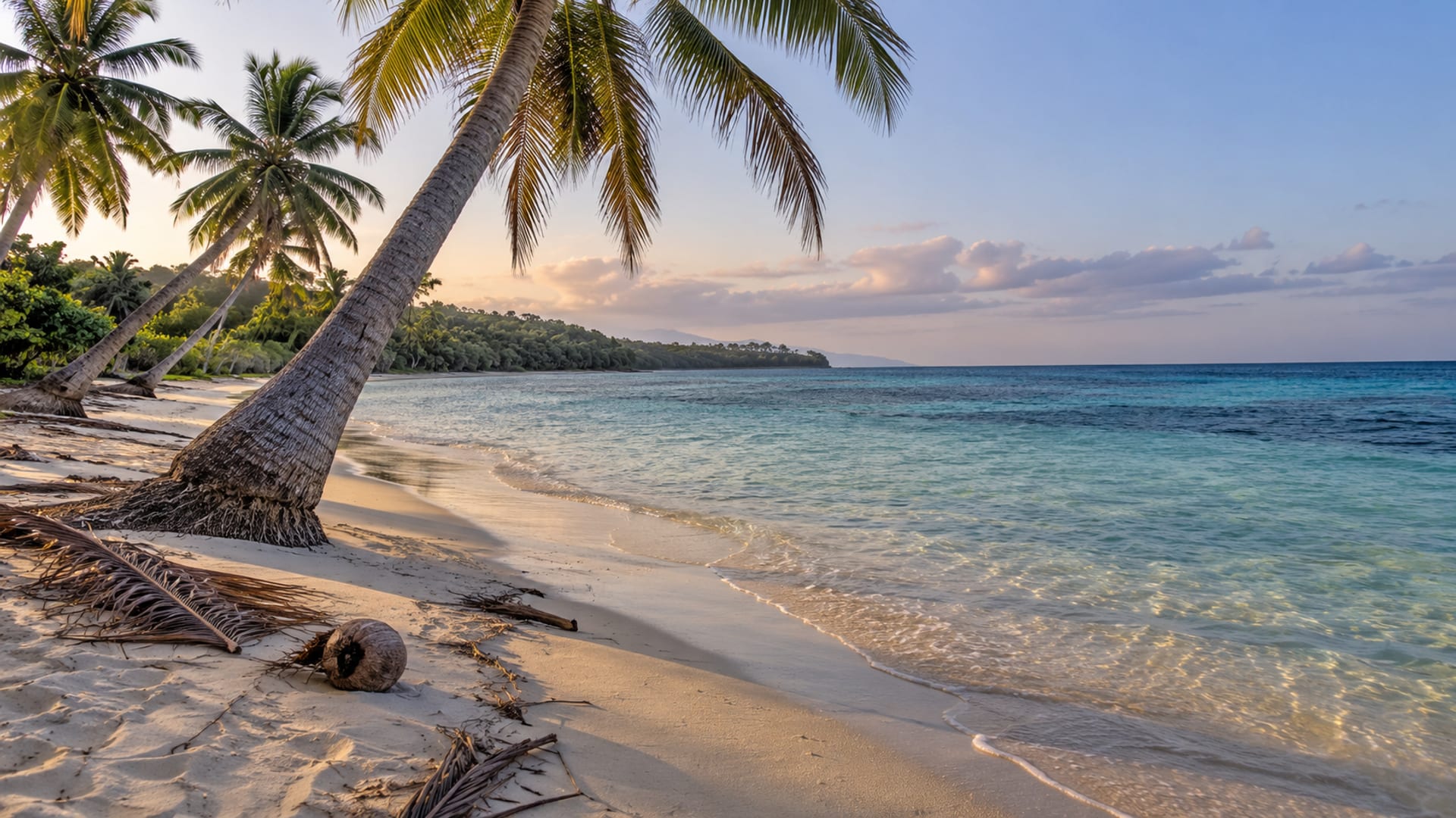 Palm trees leaning over a quiet north coast beach with clear shallow water