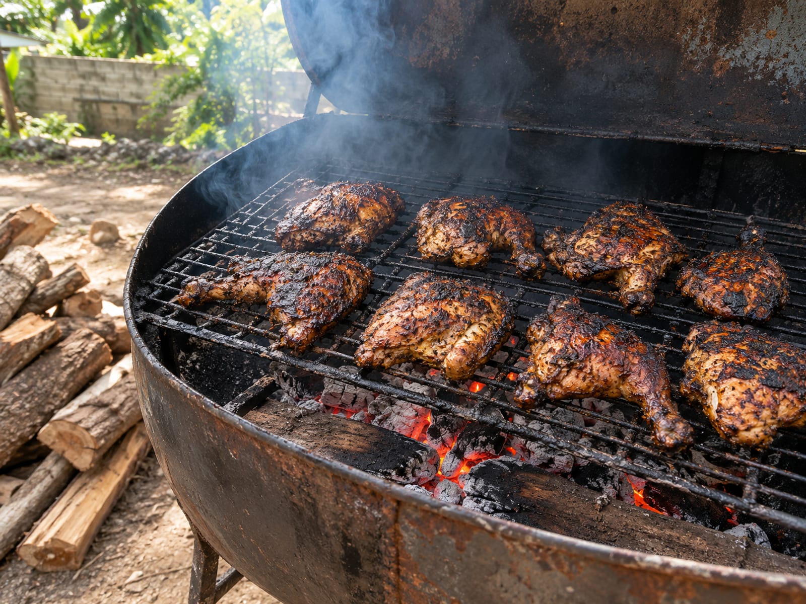 Jerk chicken pieces cooking over smoking pimento wood on a drum grill