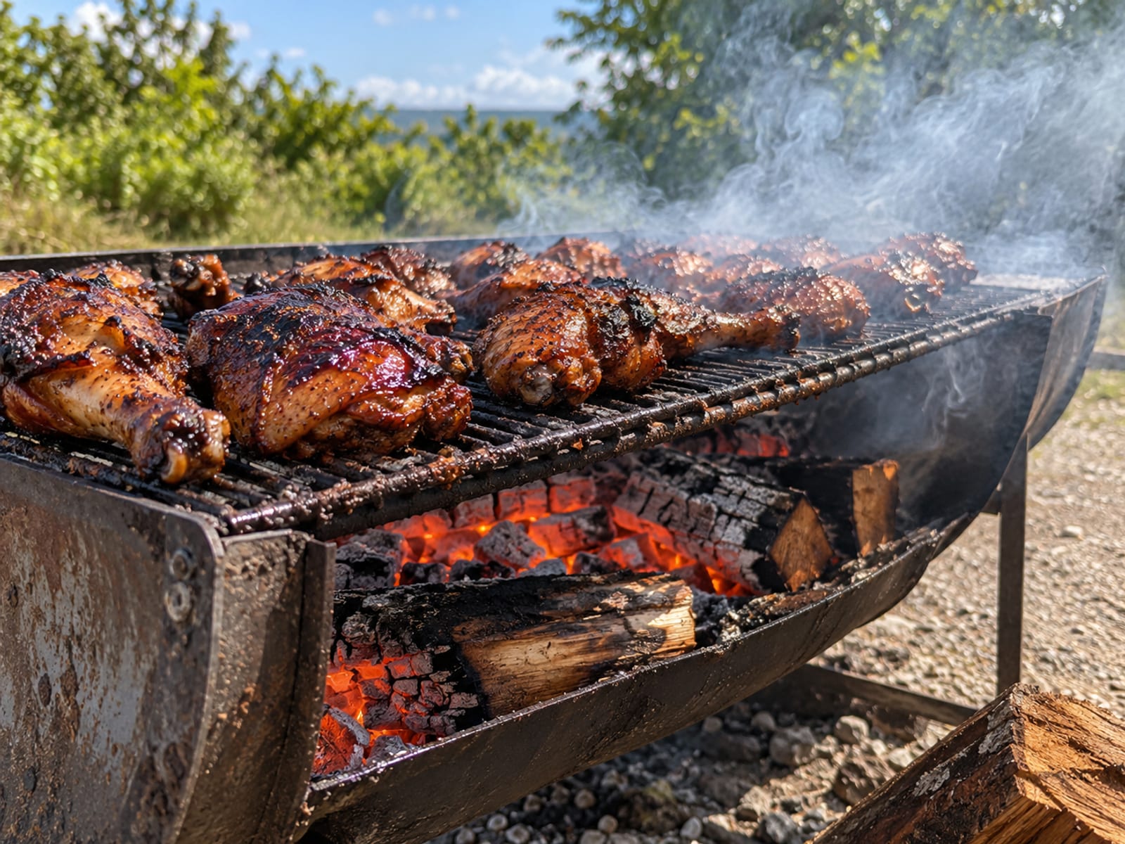 Chicken cooking on a smoking jerk grill over pimento wood