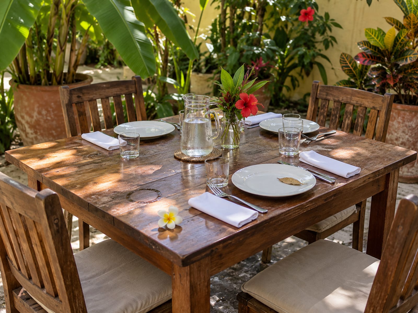 An empty patio table set for lunch among tropical plants