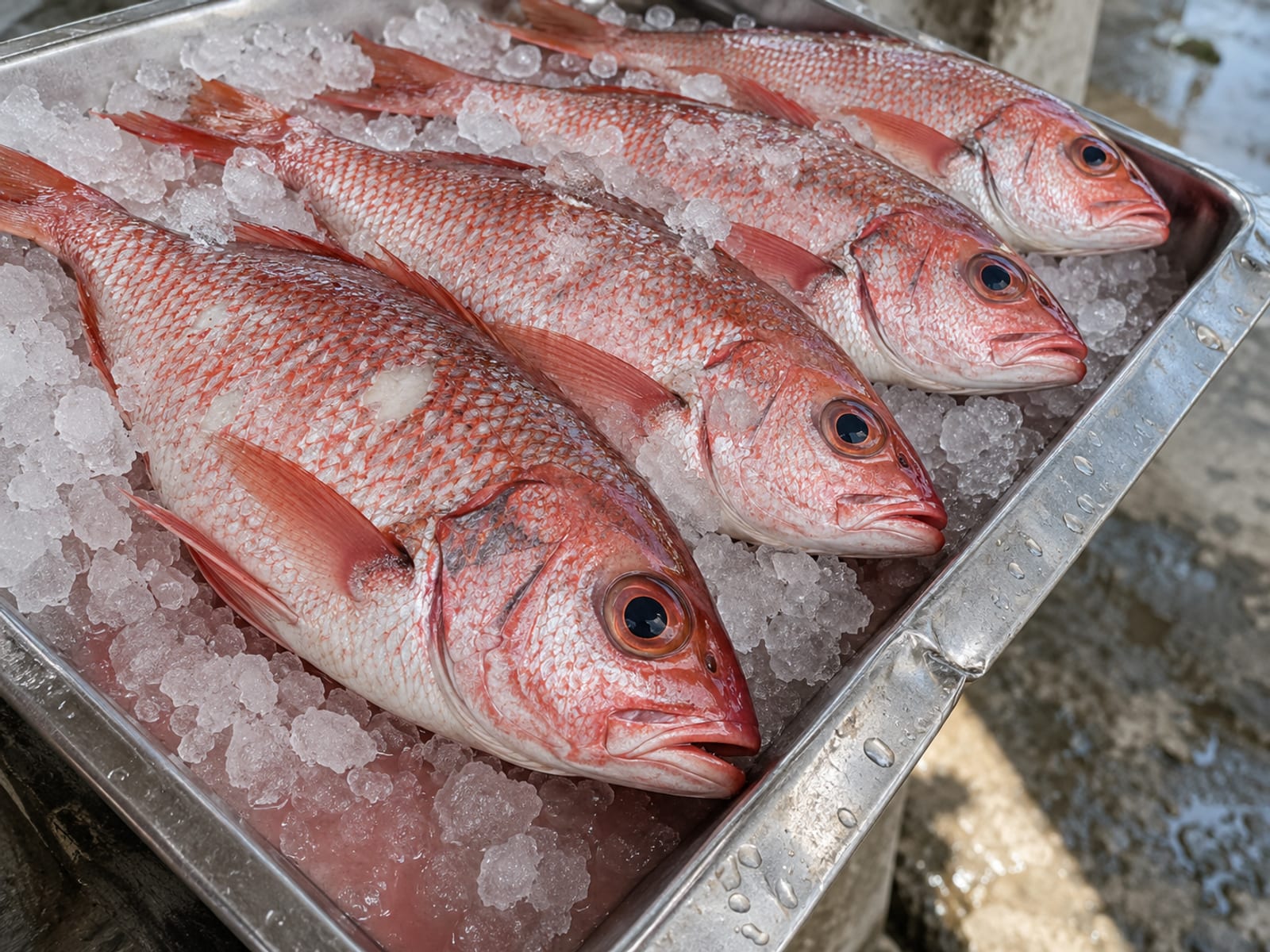 Whole red snapper on crushed ice in a plain tray