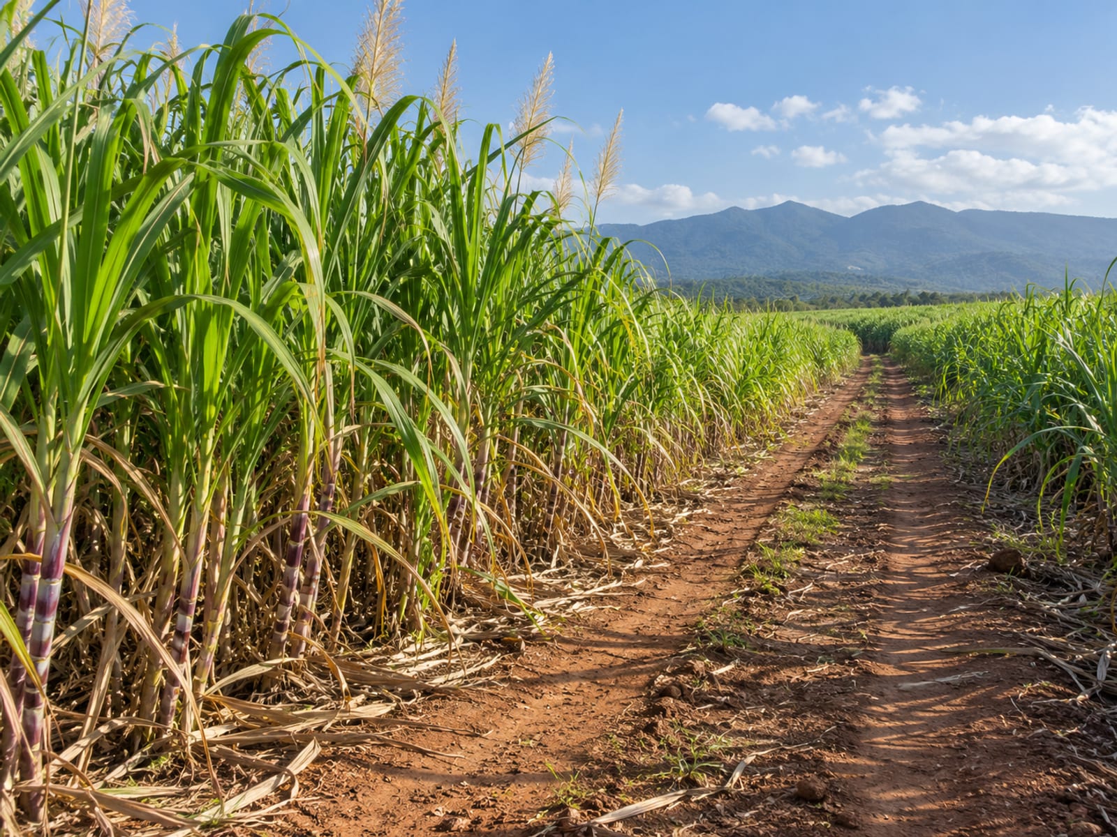 Green sugar cane growing on a flat plain under a blue sky