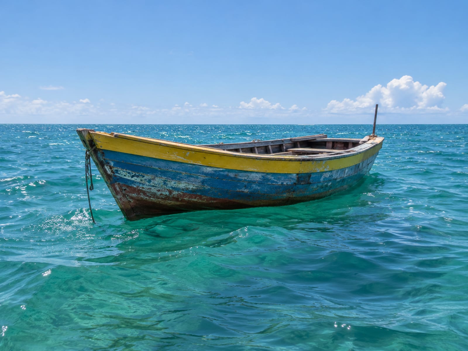 A small wooden boat on open turquoise water beneath a clear sky