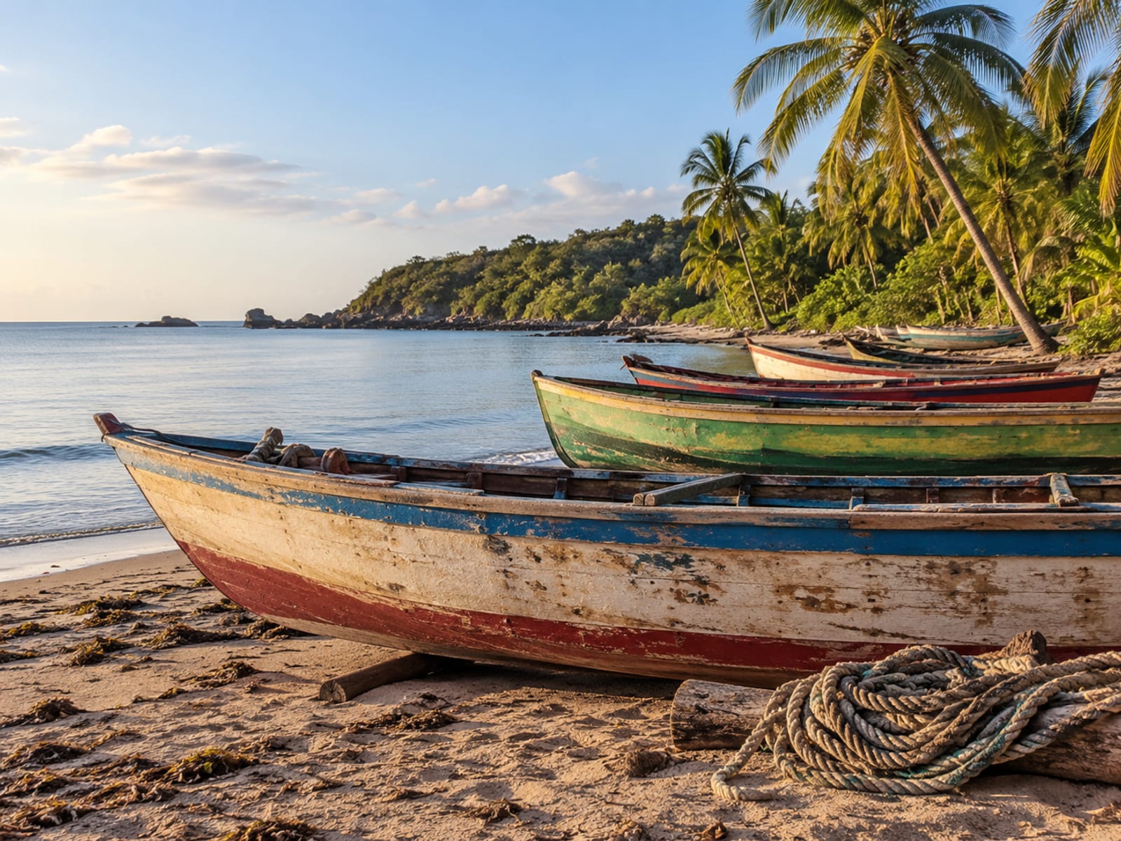 Wooden fishing boats pulled up on a calm sandy bay beside a row of palm trees