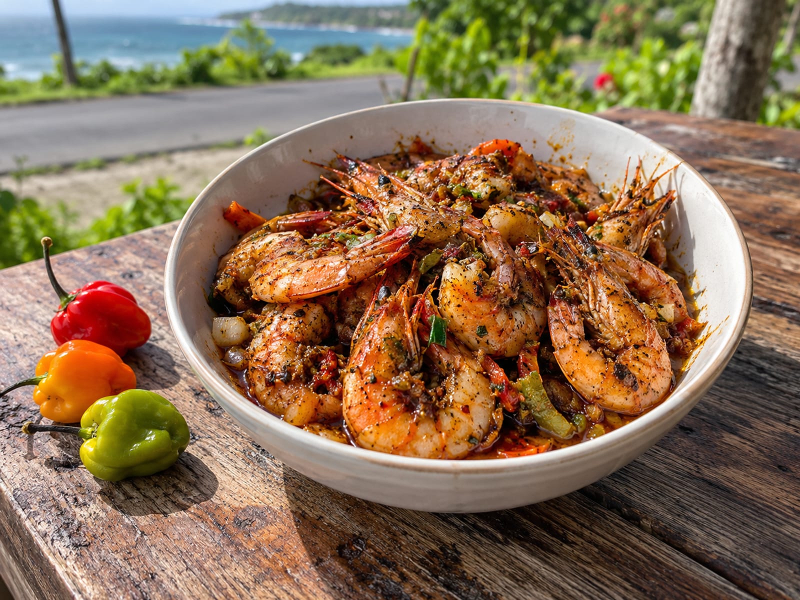 Large peppered shrimp piled in a bowl with hot peppers on a roadside table