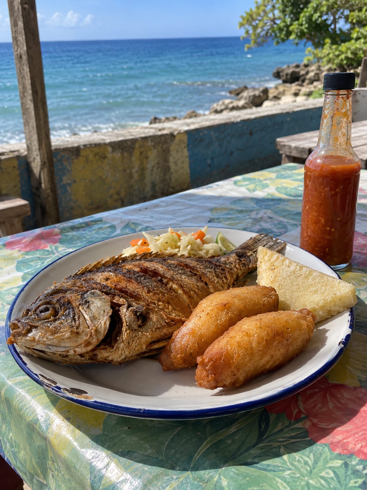 Fried fish, festival and bammy on a cookshop table by the sea
