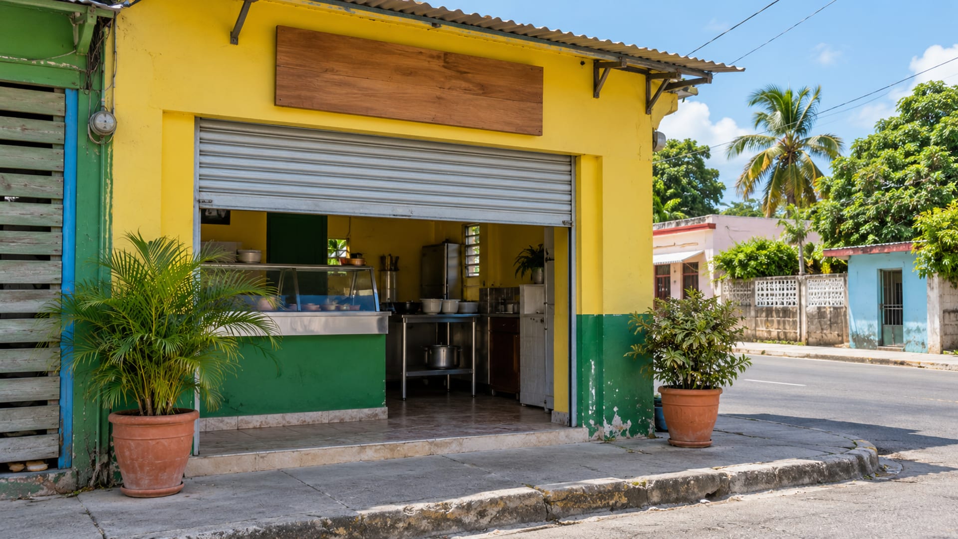 A small food shop with its shutter half open on a bright street