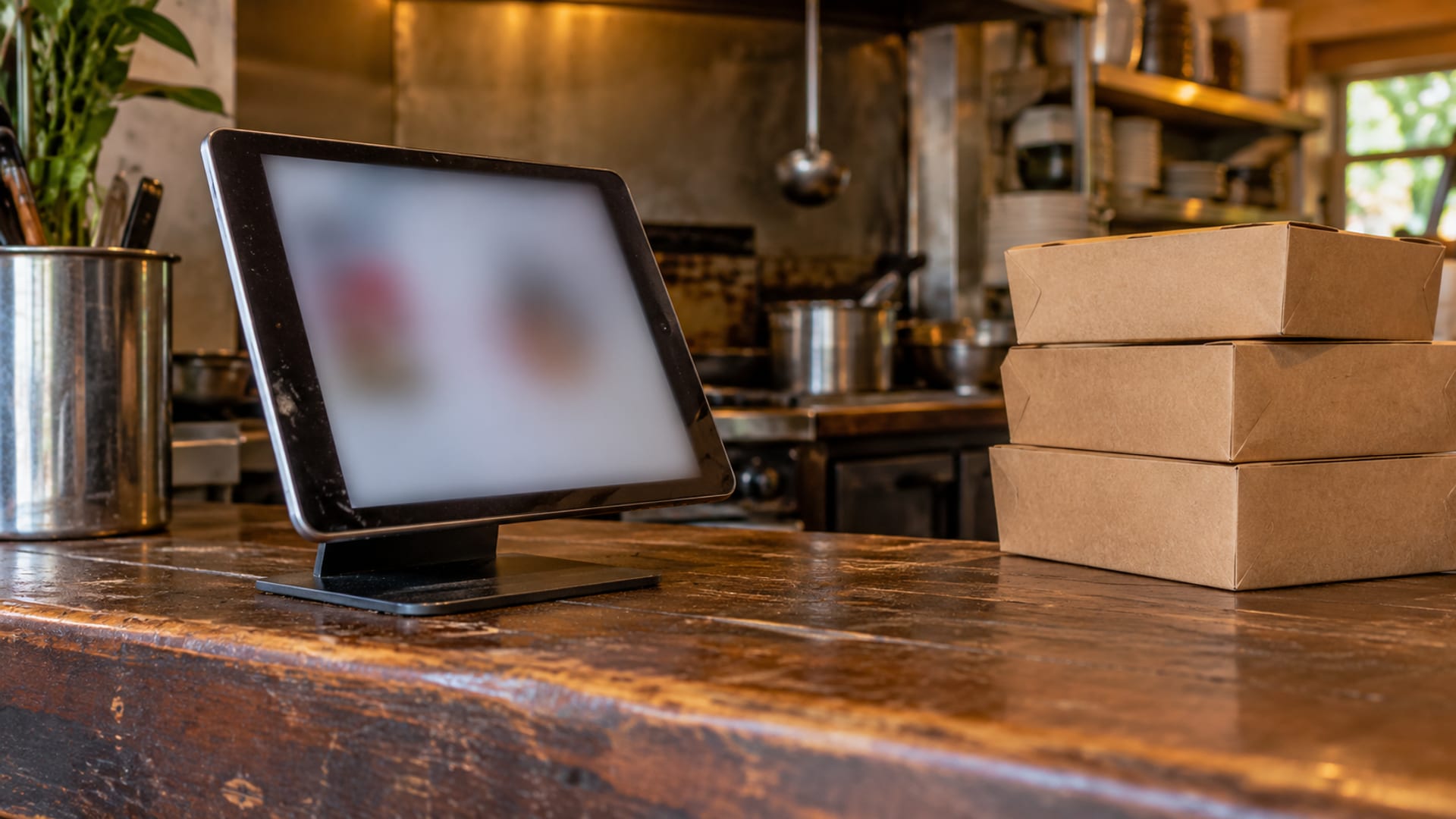 A tablet on a restaurant counter beside plain takeaway boxes