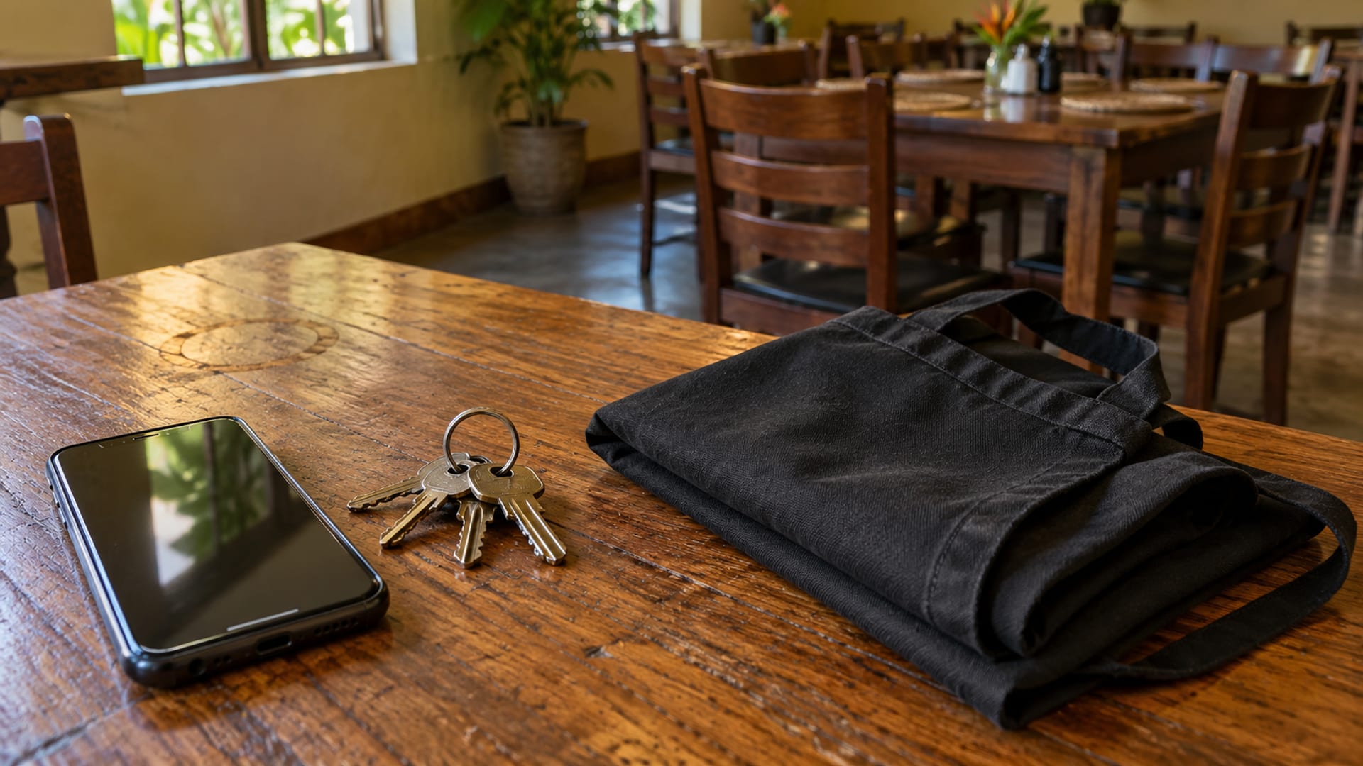 A phone beside keys and a folded apron on a restaurant table