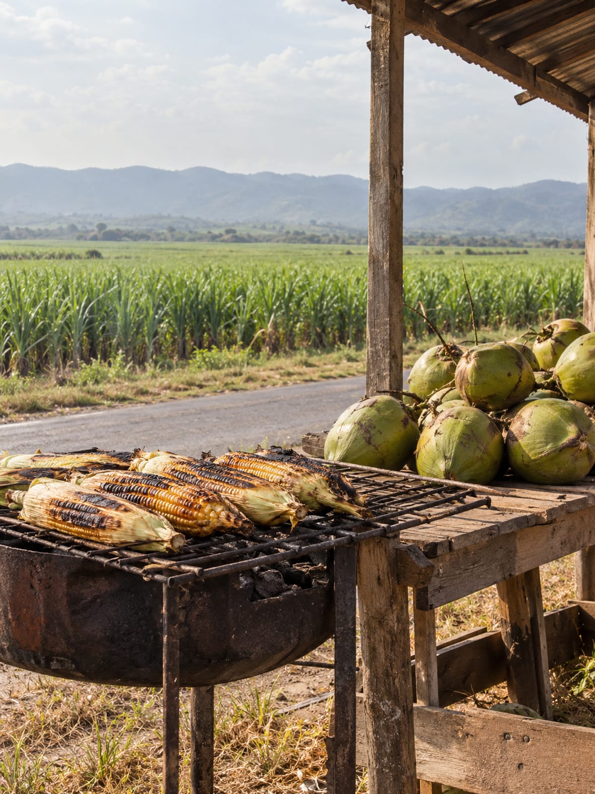 Roasted corn and coconuts at a roadside stall beside sugar cane fields