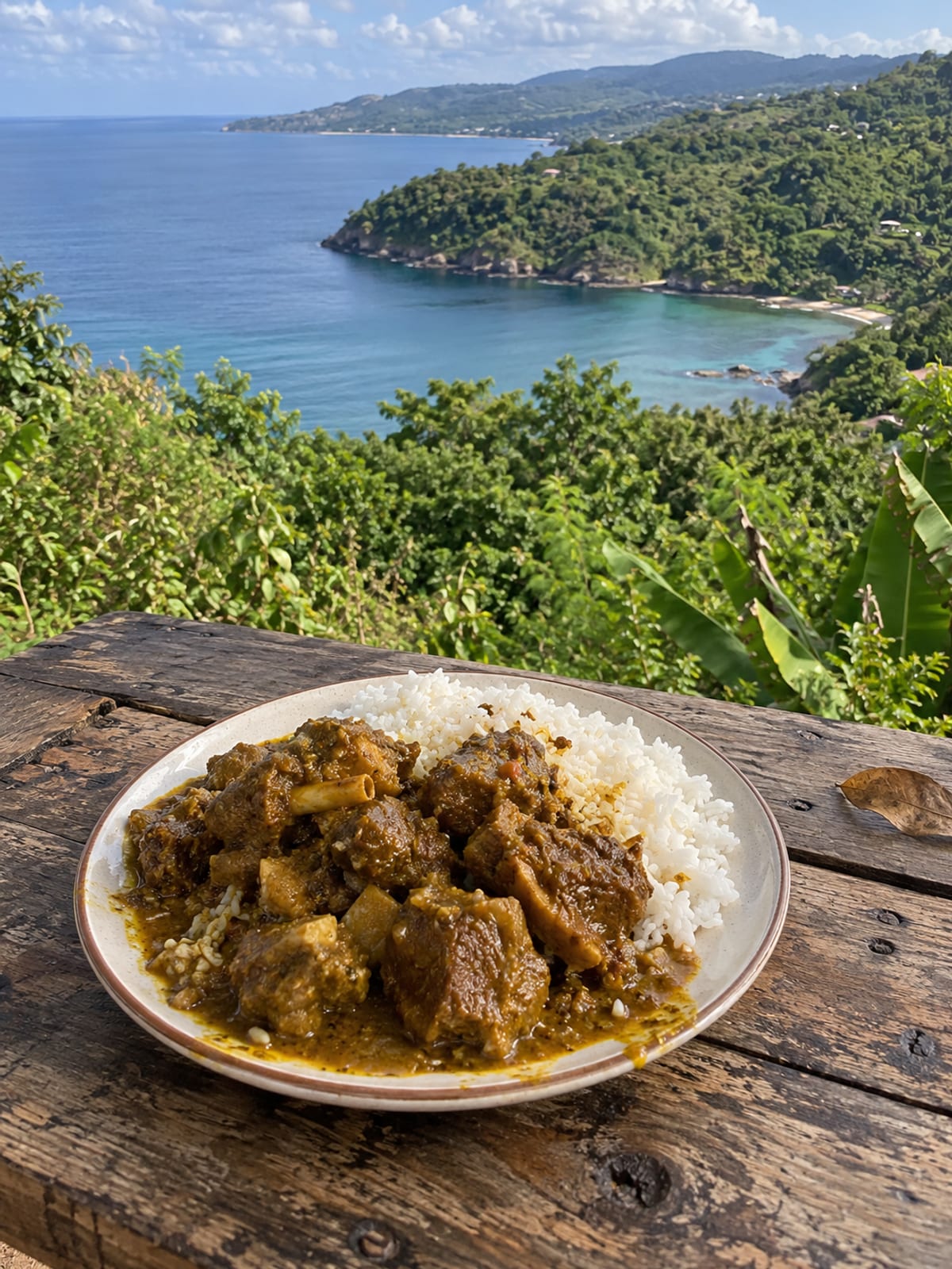Curry goat and rice on a wooden table above a calm green cove
