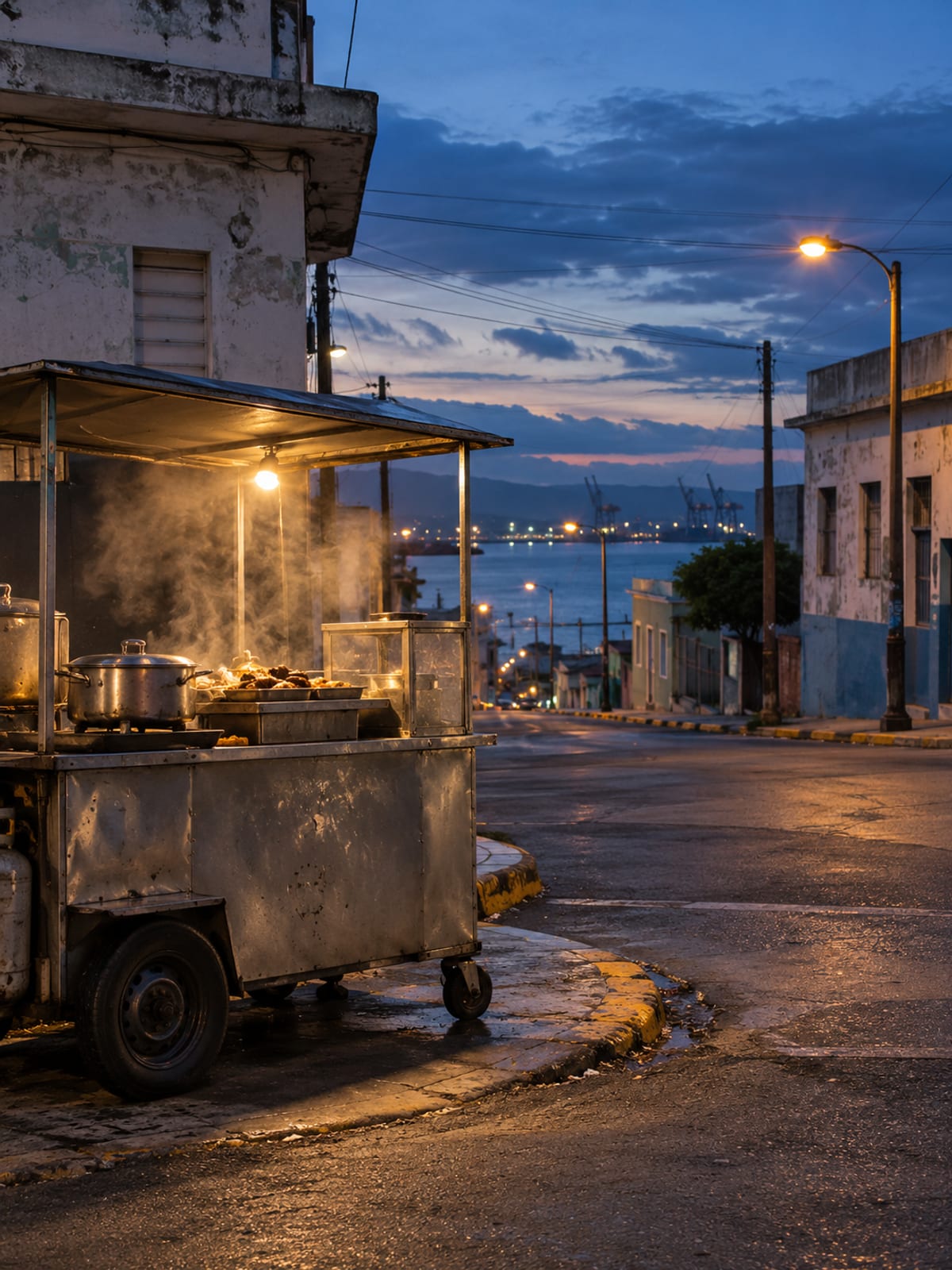 A city street corner at dusk with a steaming food cart and the harbour beyond