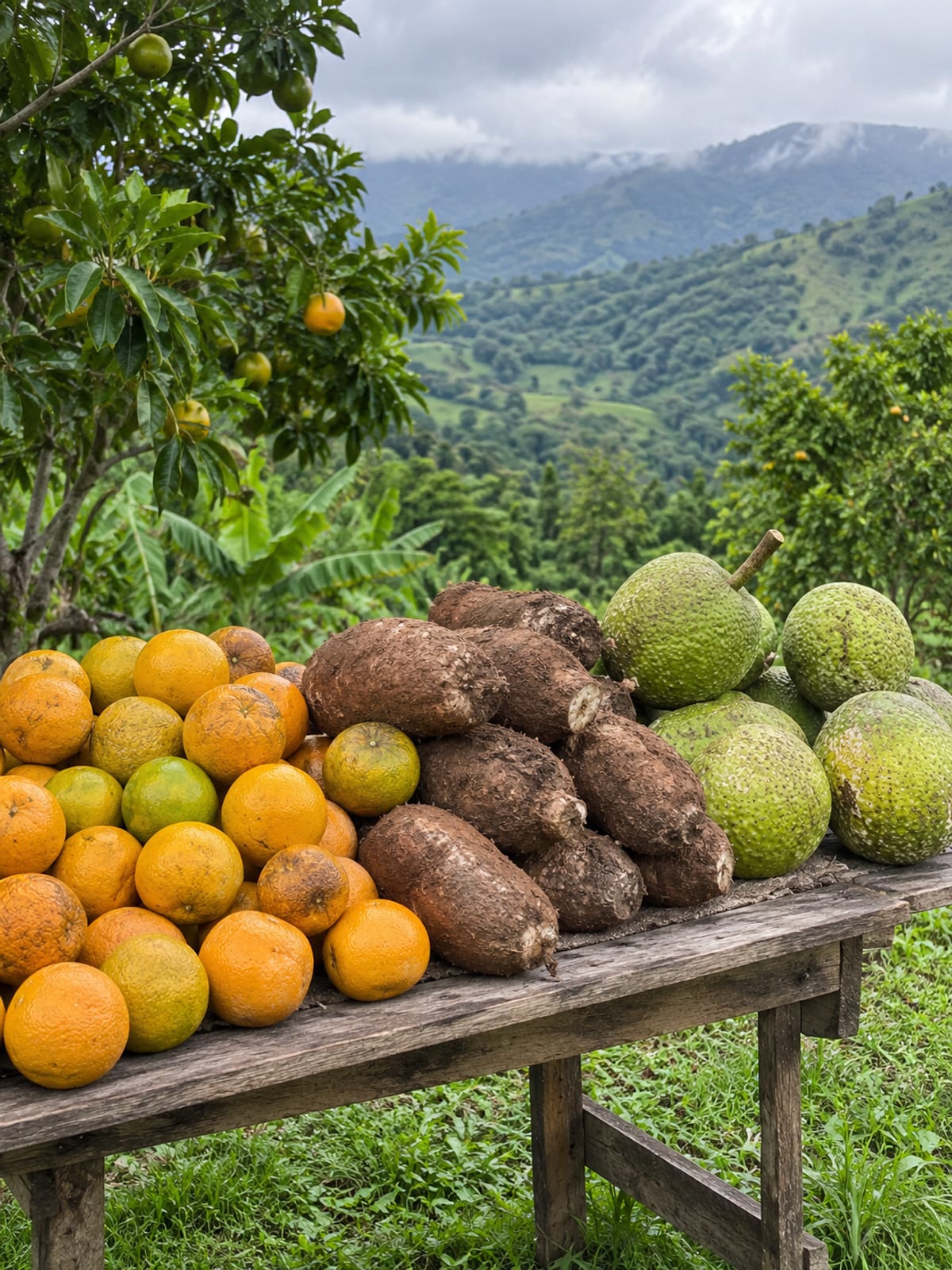 A hillside market table of oranges, yams and breadfruit in rolling green hills
