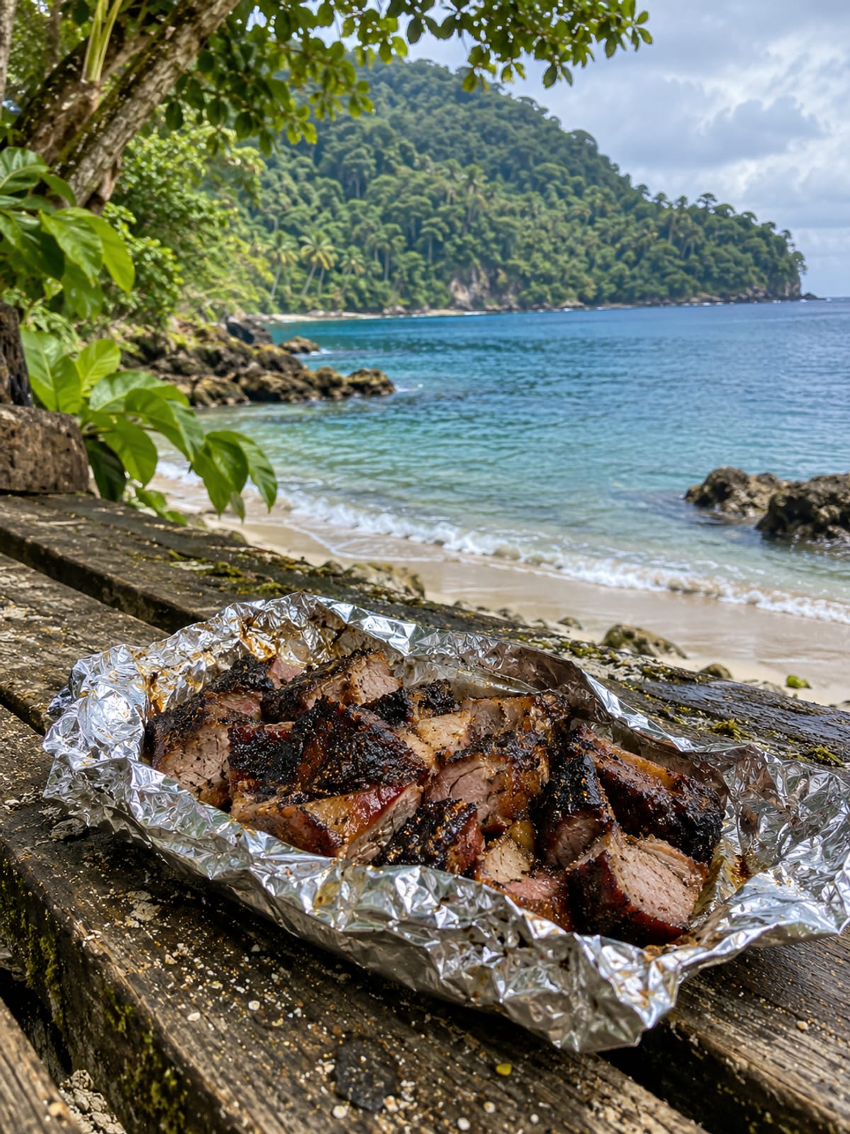 Jerk pork on foil on a bench beside a rainforest beach