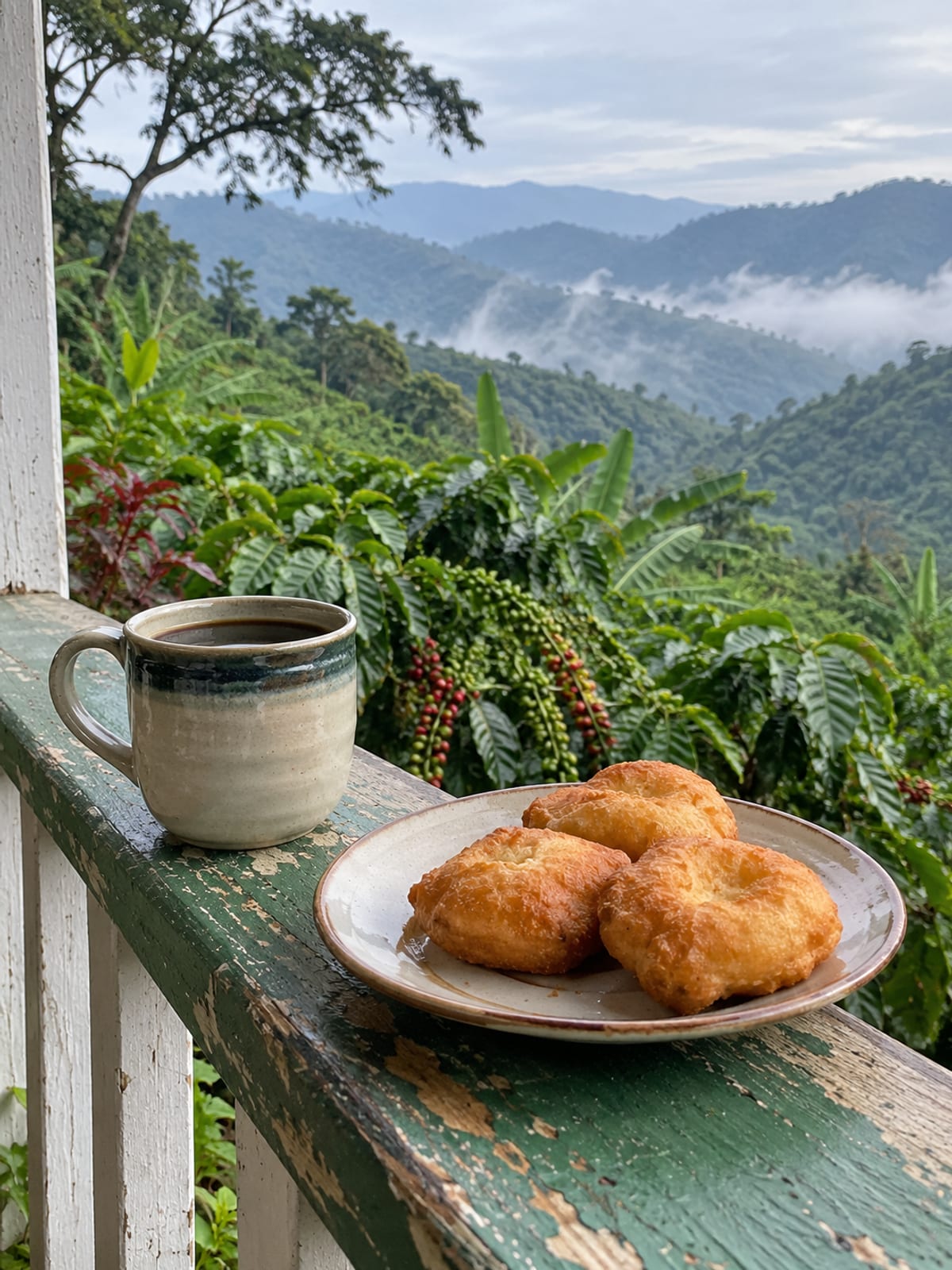 Misty coffee slopes behind a veranda table with coffee and fried dumplings