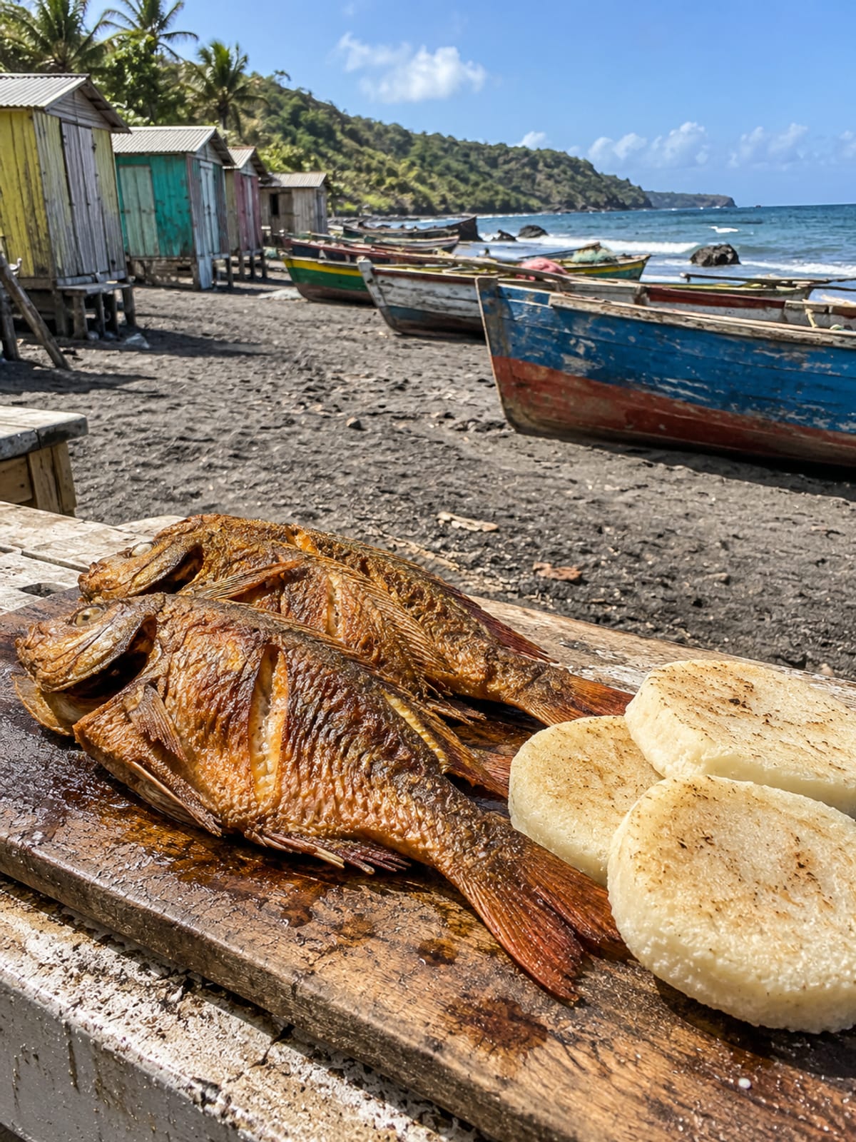 Fried fish and bammy on a beach hut counter with fishing boats on the shore