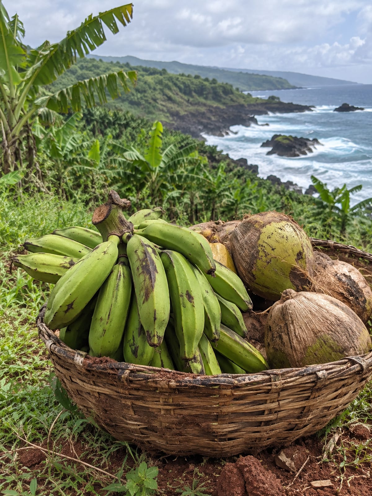 Green bananas and coconuts in a basket above a rugged coast
