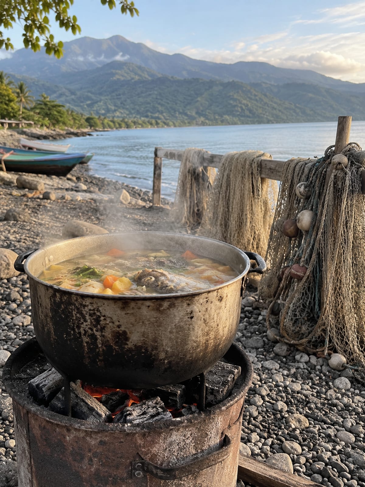 Fish tea steaming on a coal stove by a fishing shore with mountains behind