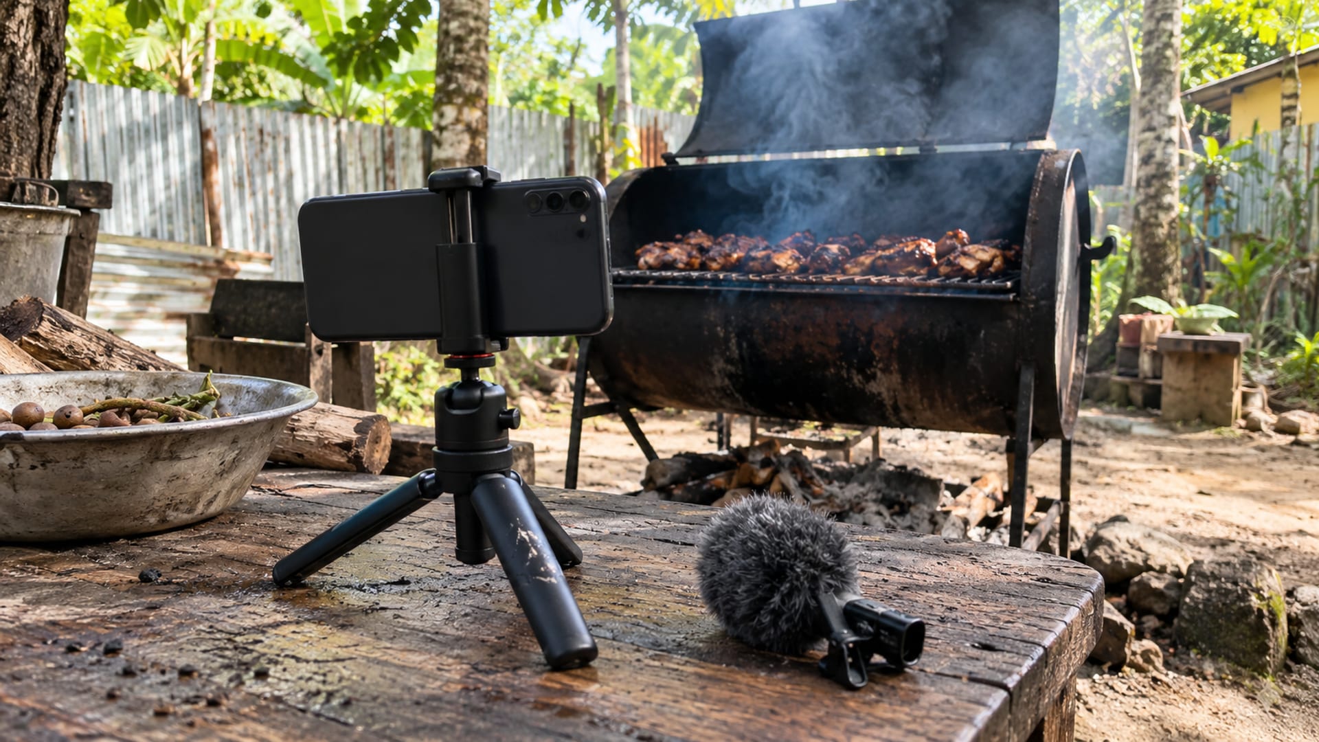 A phone on a tripod filming a smoking jerk grill