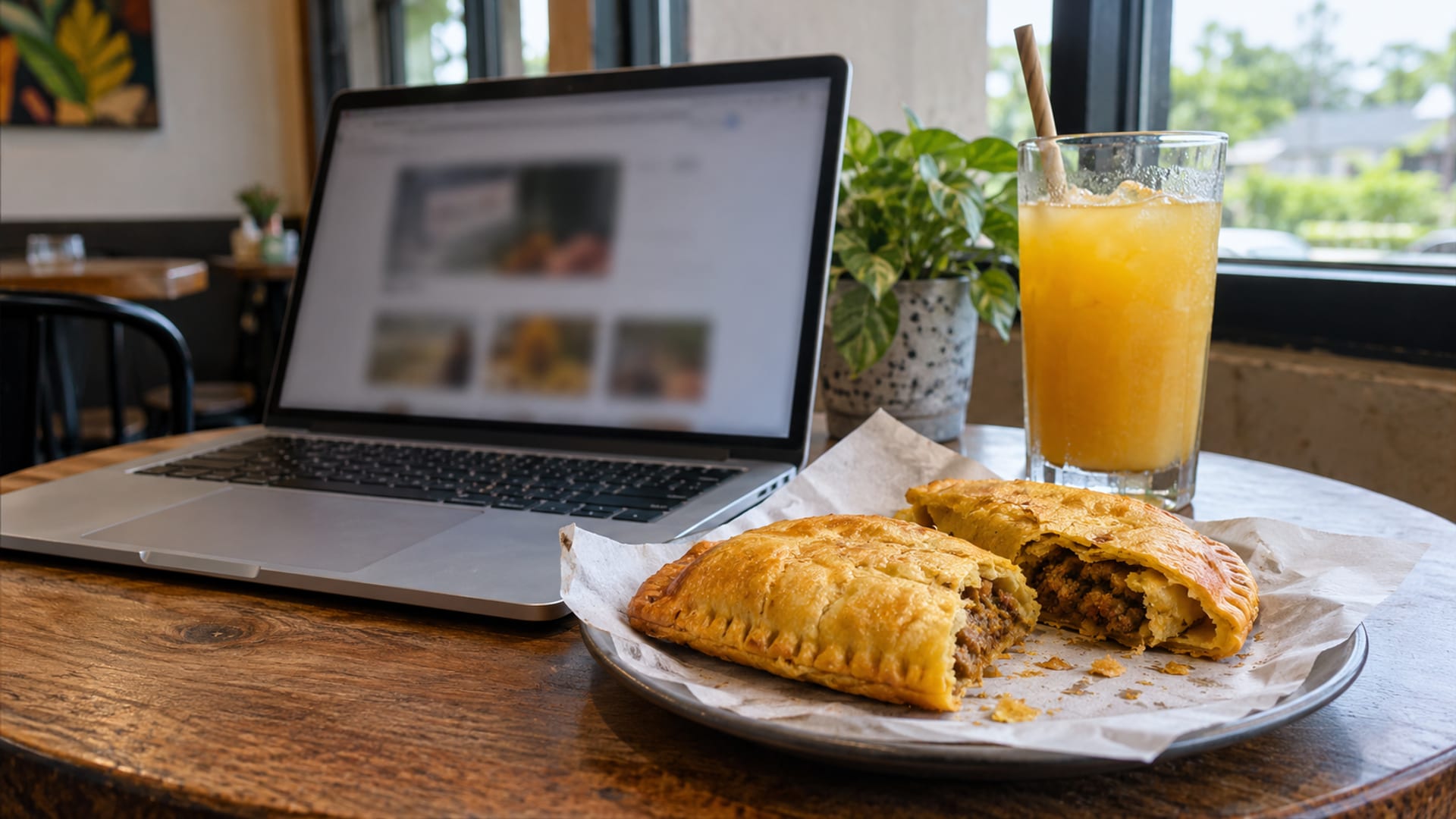 A laptop with a blurred screen beside patties and juice on a cafe table